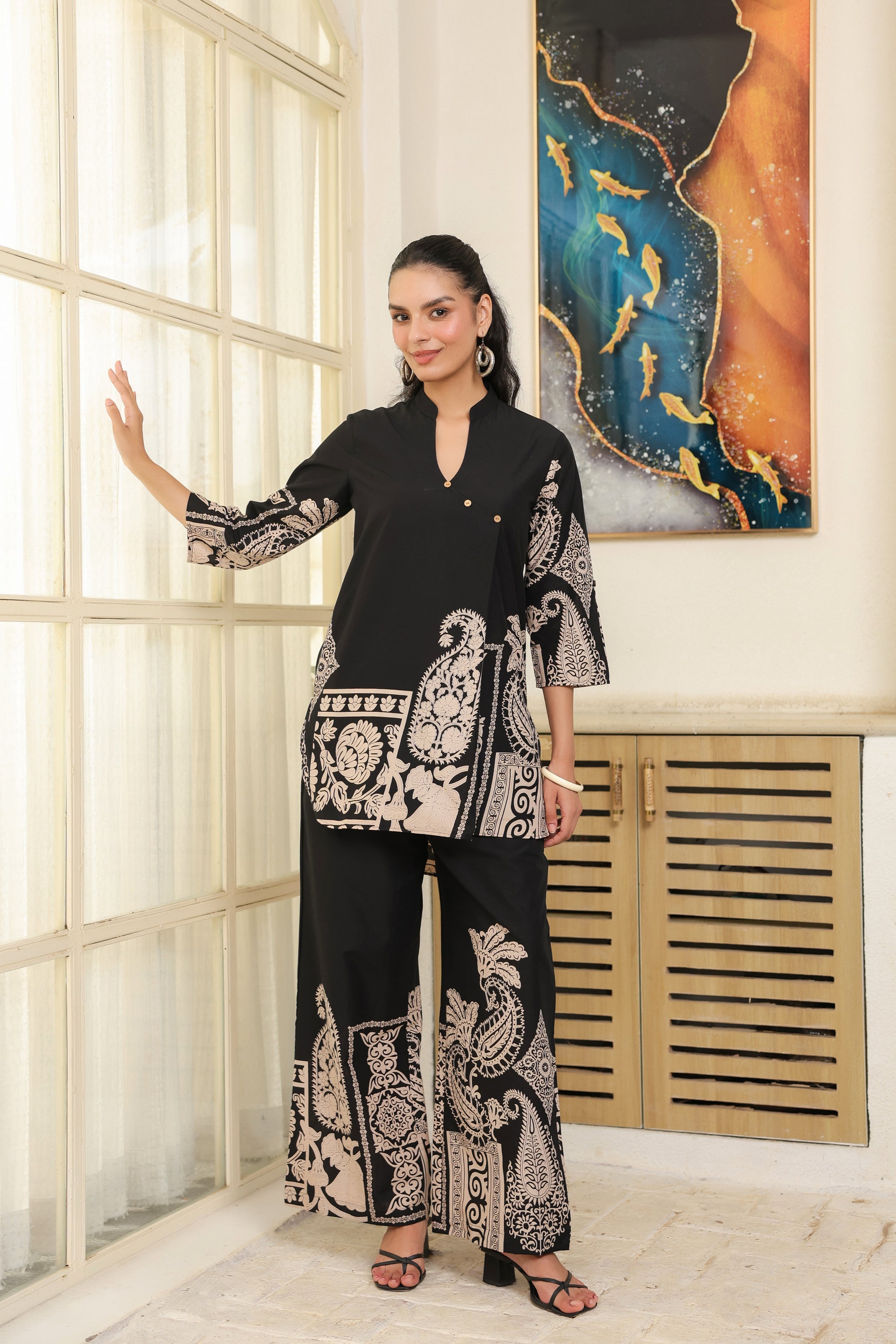 Black Ethnic Print Cotton Co-ord Set