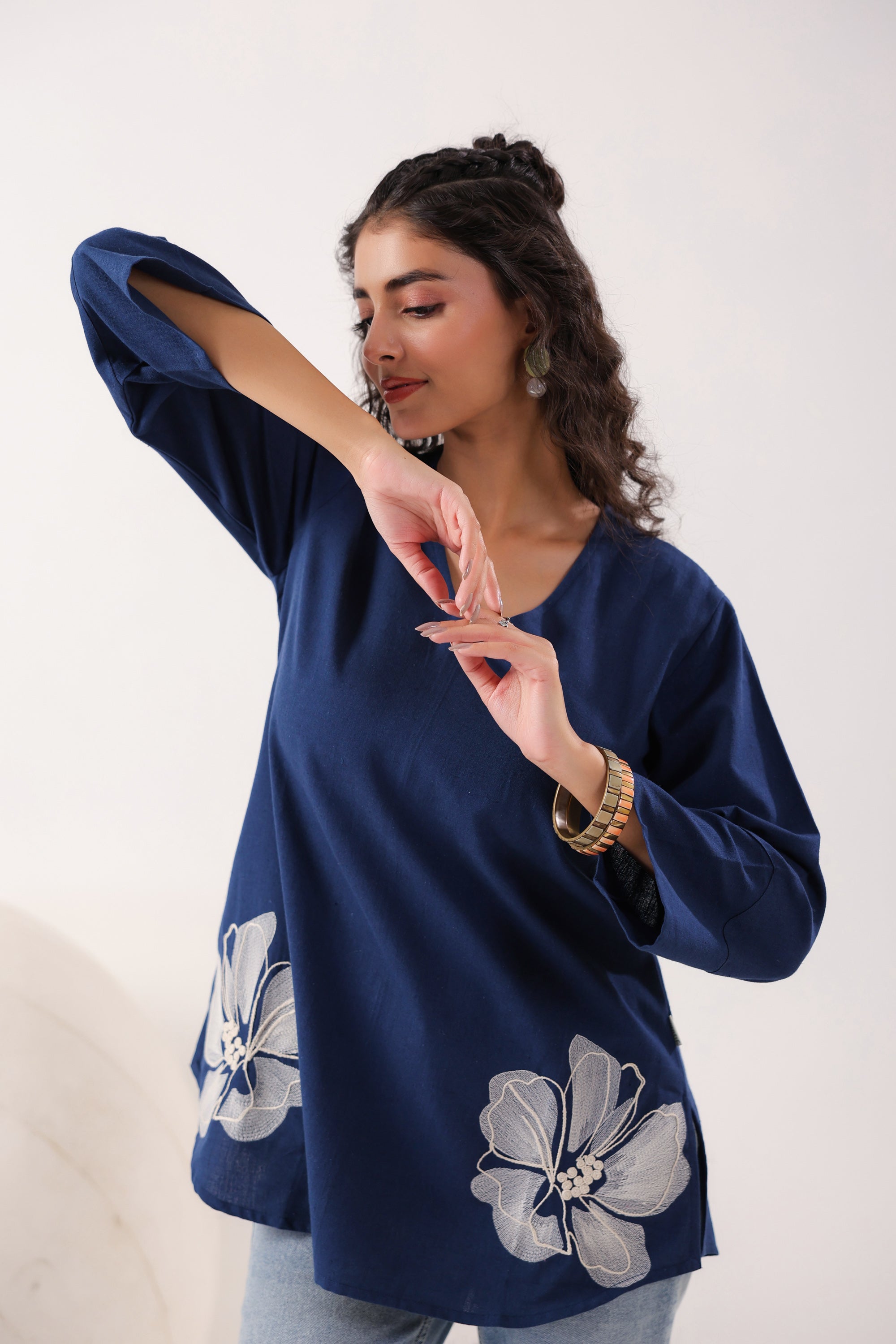 Swirl Essence Collared Blue Cotton Flex Top