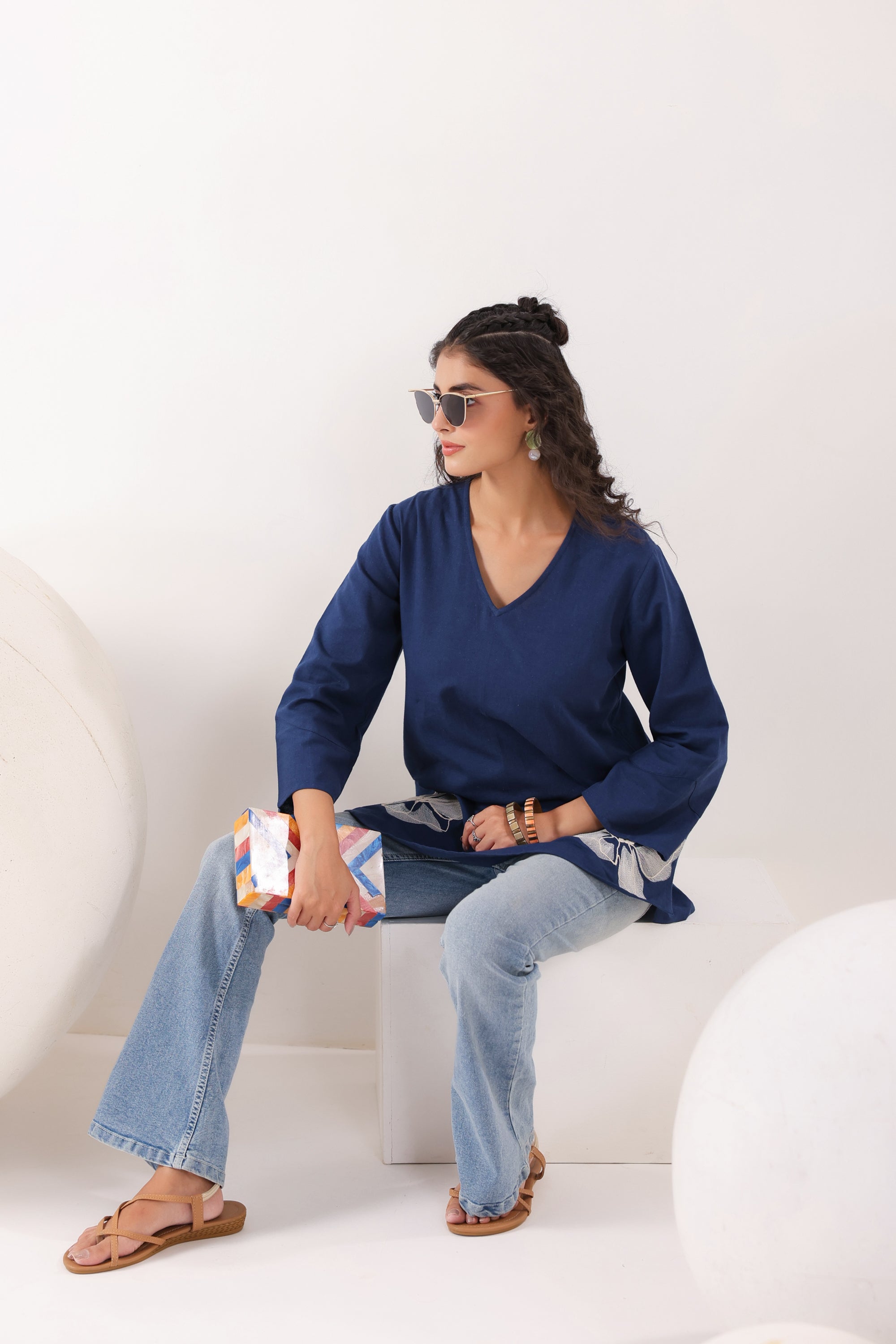 Swirl Essence Collared Blue Cotton Flex Top