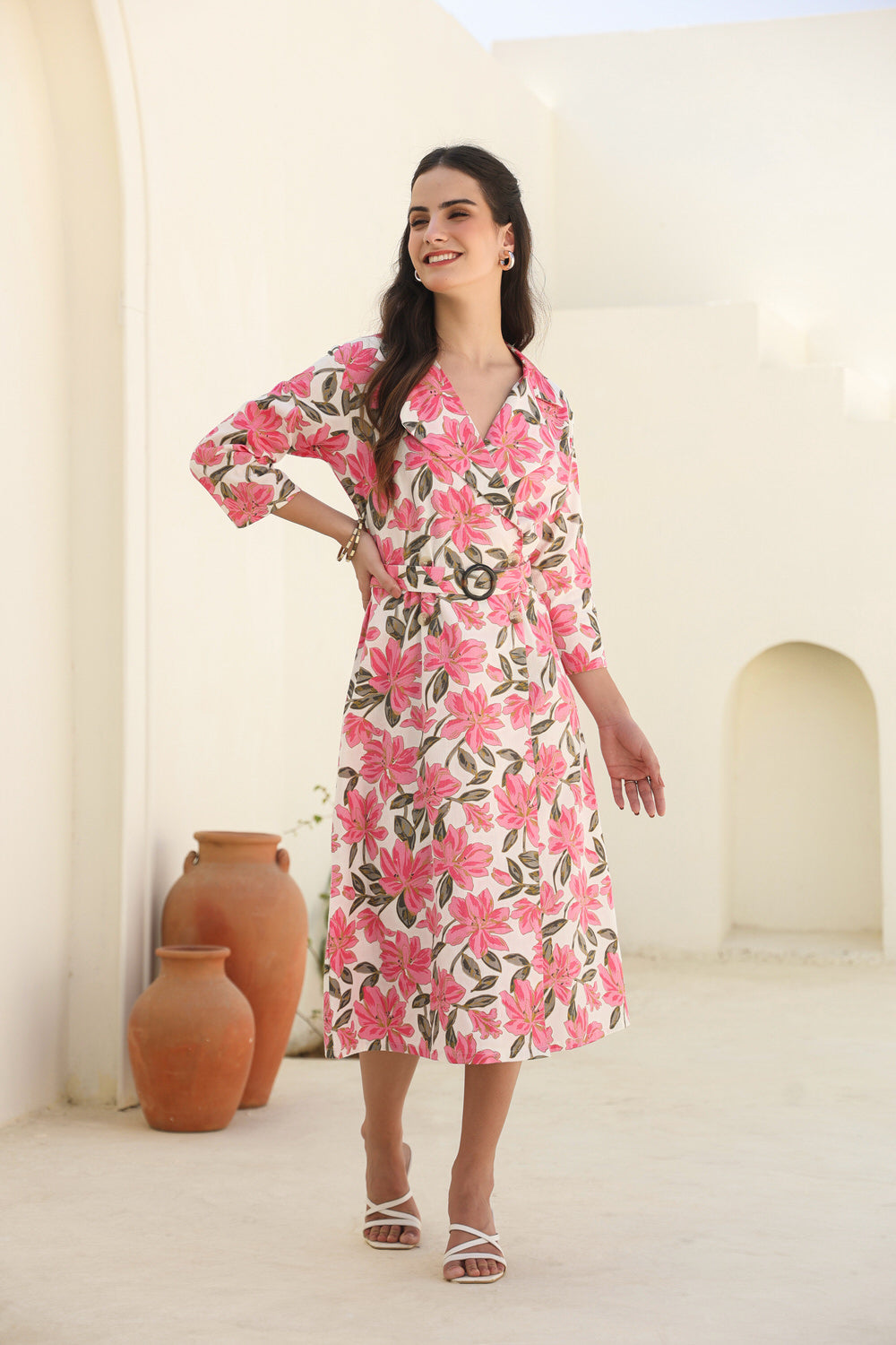 Petal Breeze Belted Cotton Flex Dress