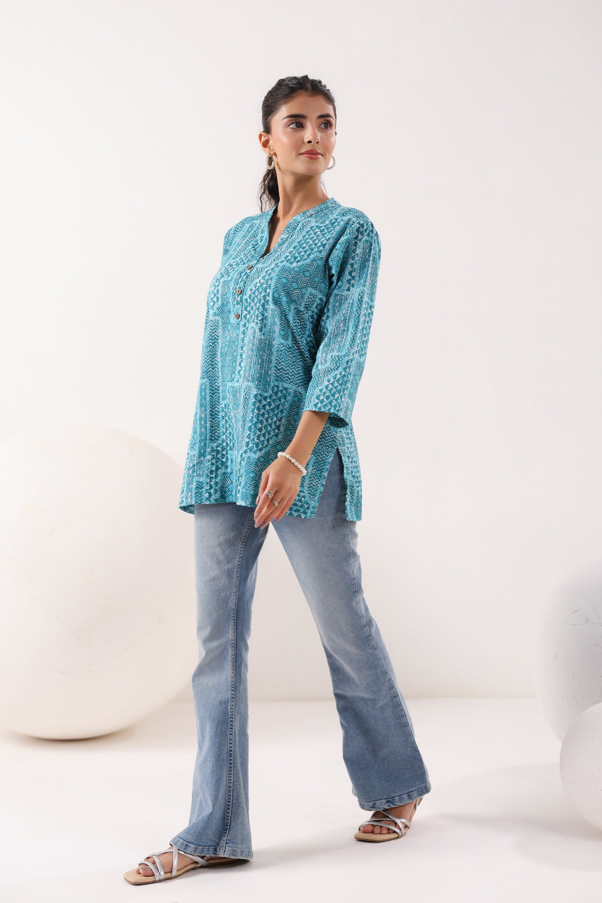 Everyday Ethnic Ensemble Turquoise Printed Cotton Top
