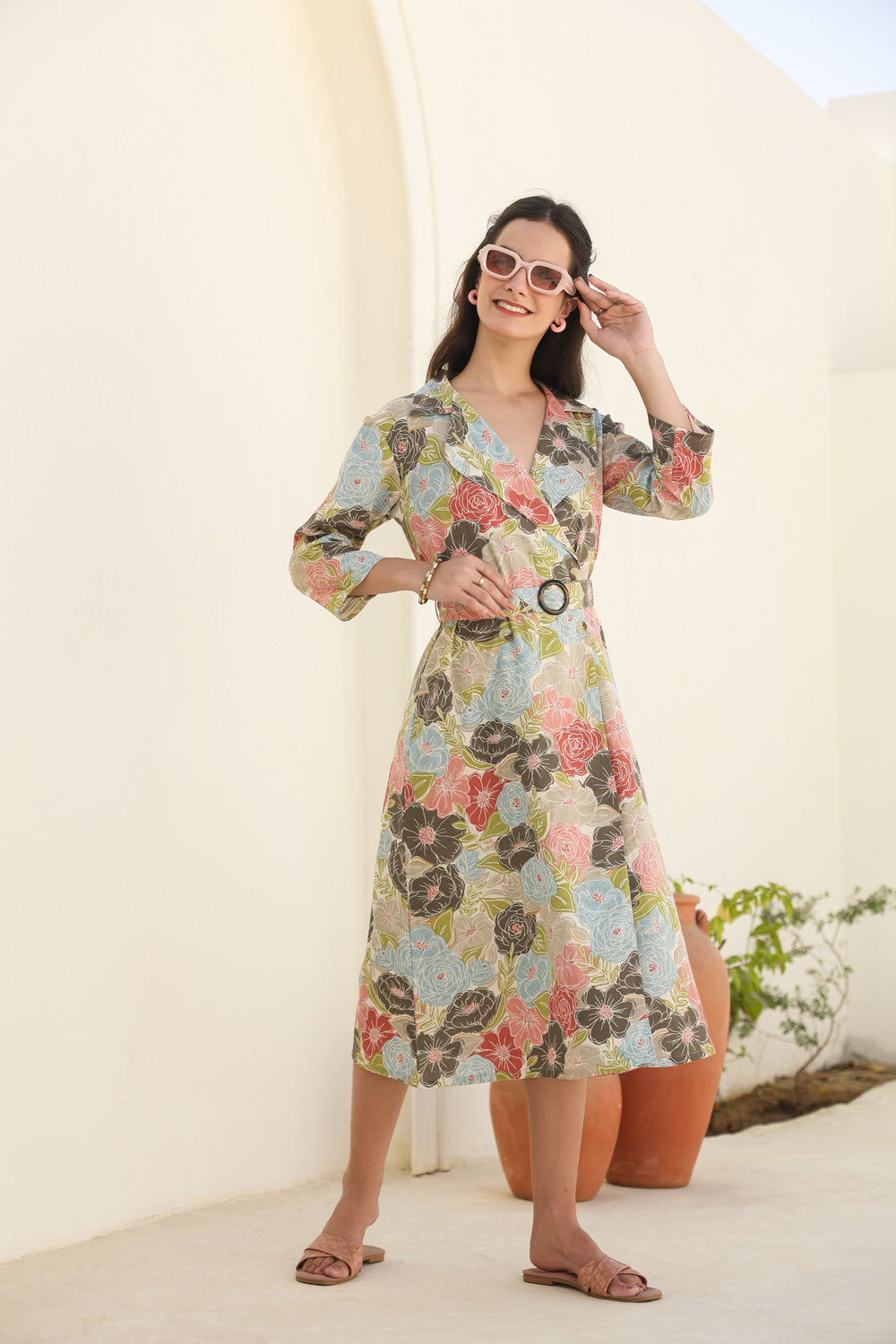 Floral Cascade Belted Cotton Flex Dress