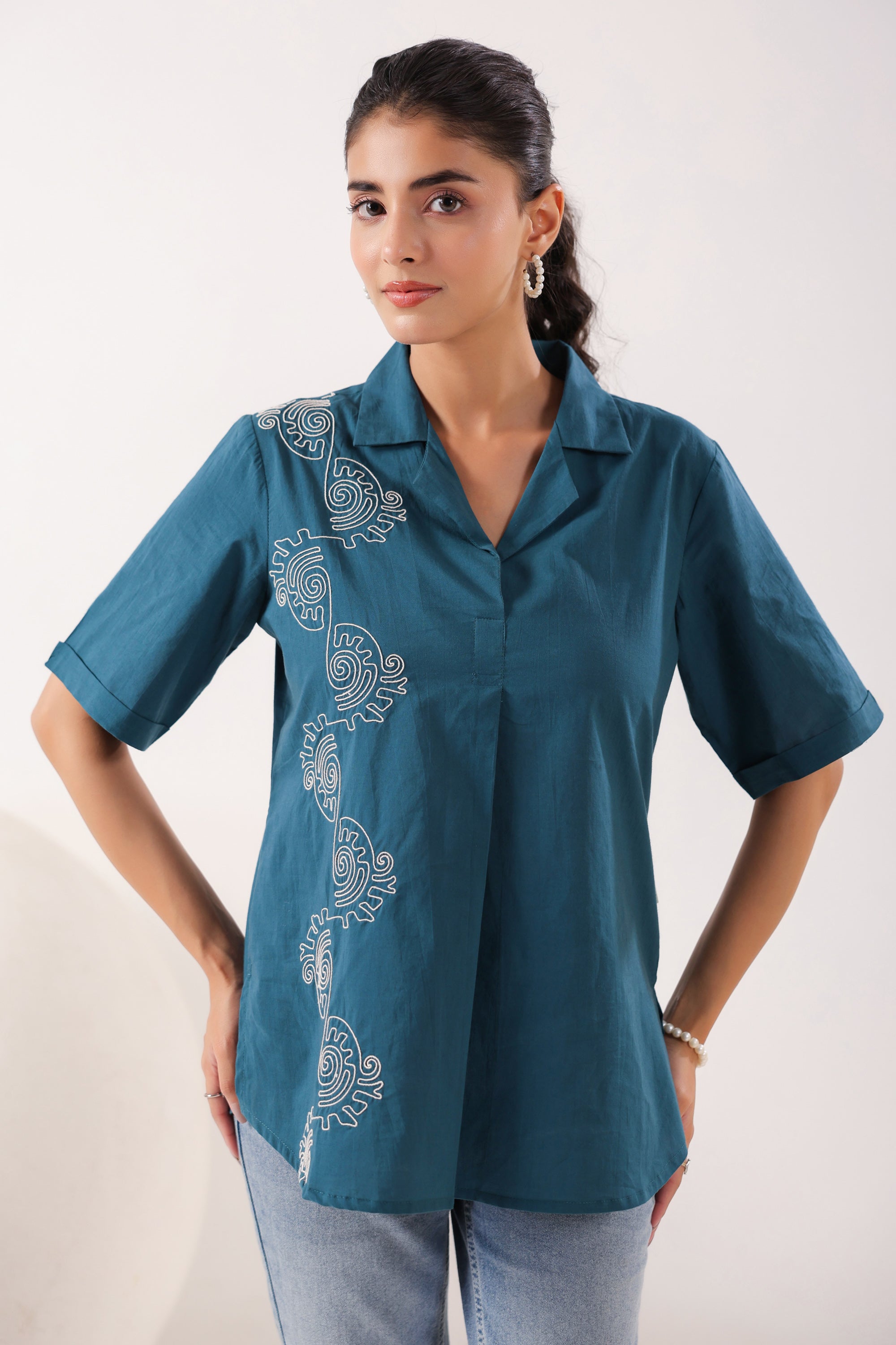 Spiral Elegance Teal Cotton Embroidered Top