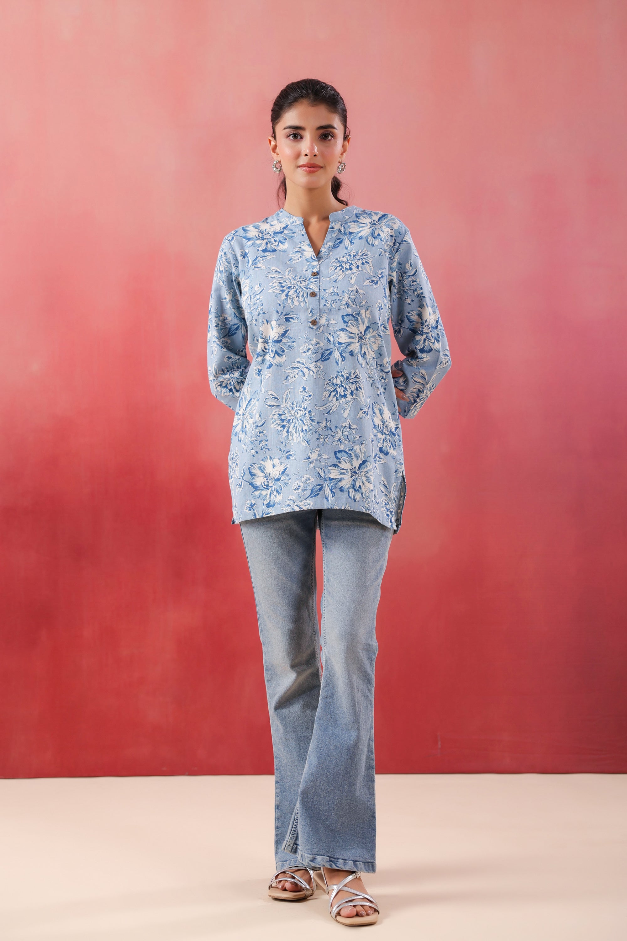 Teal Tide Everyday Blue Printed Cotton Flex Top