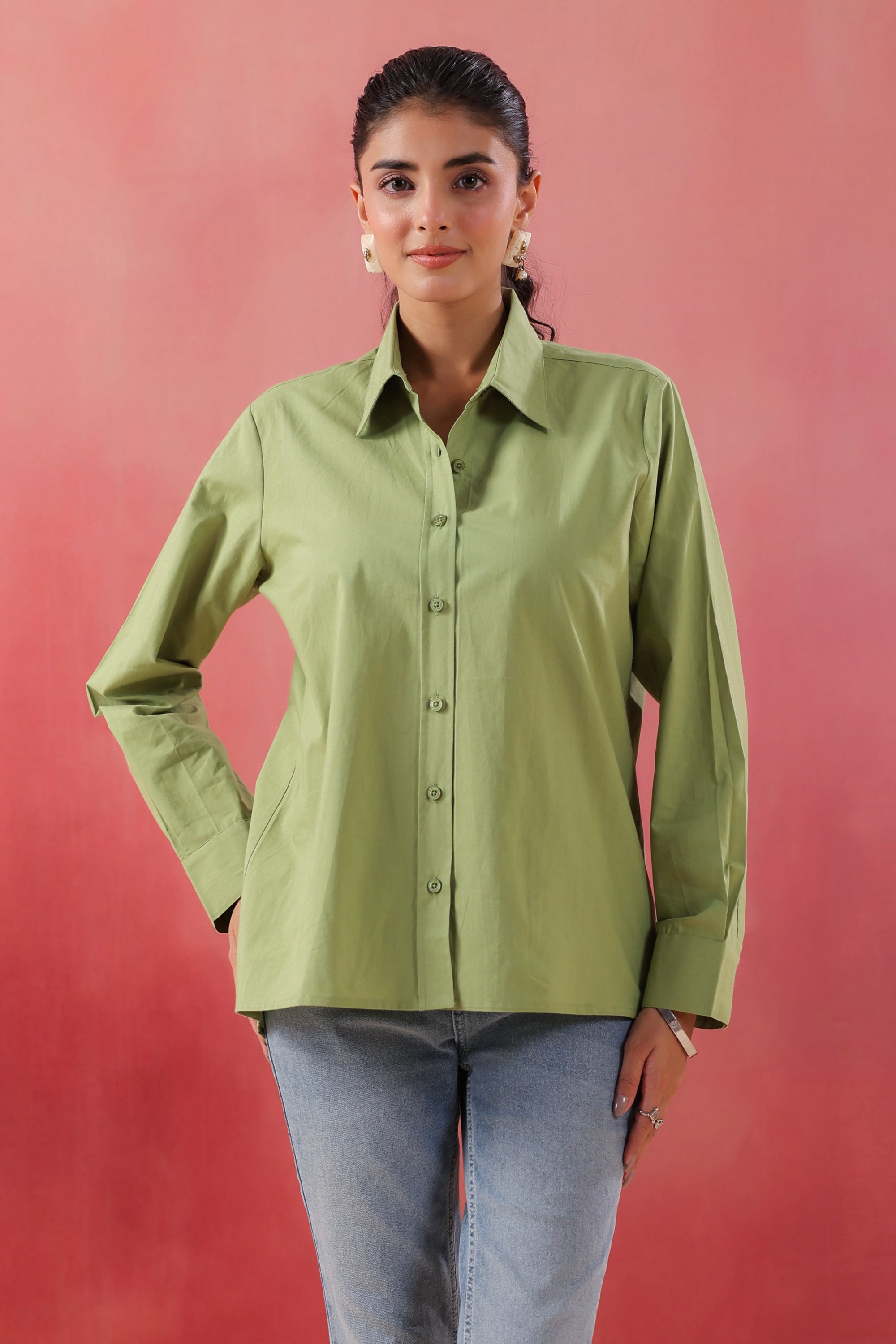 Pastel Meadow Long Sleeve Green Poplin Shirt
