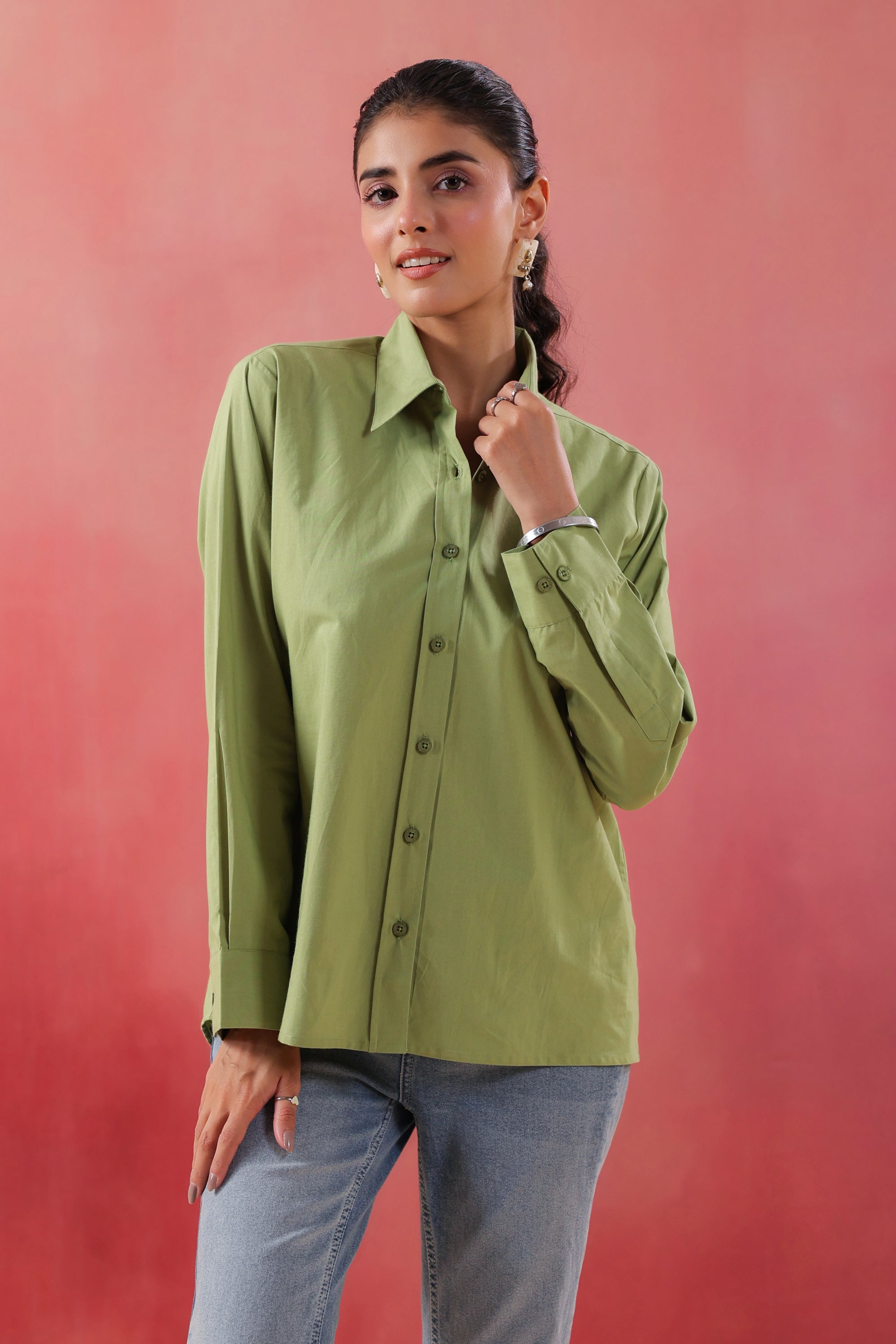 Pastel Meadow Long Sleeve Green Poplin Shirt