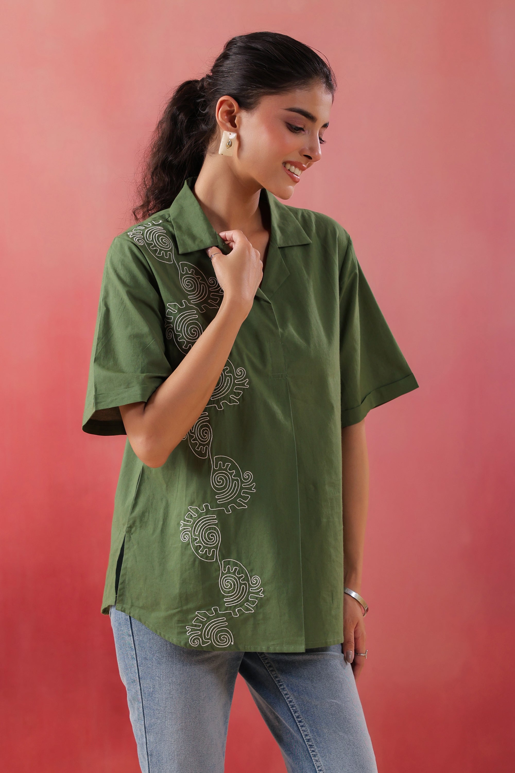 Abstract Swirl Collared Cotton Green Top