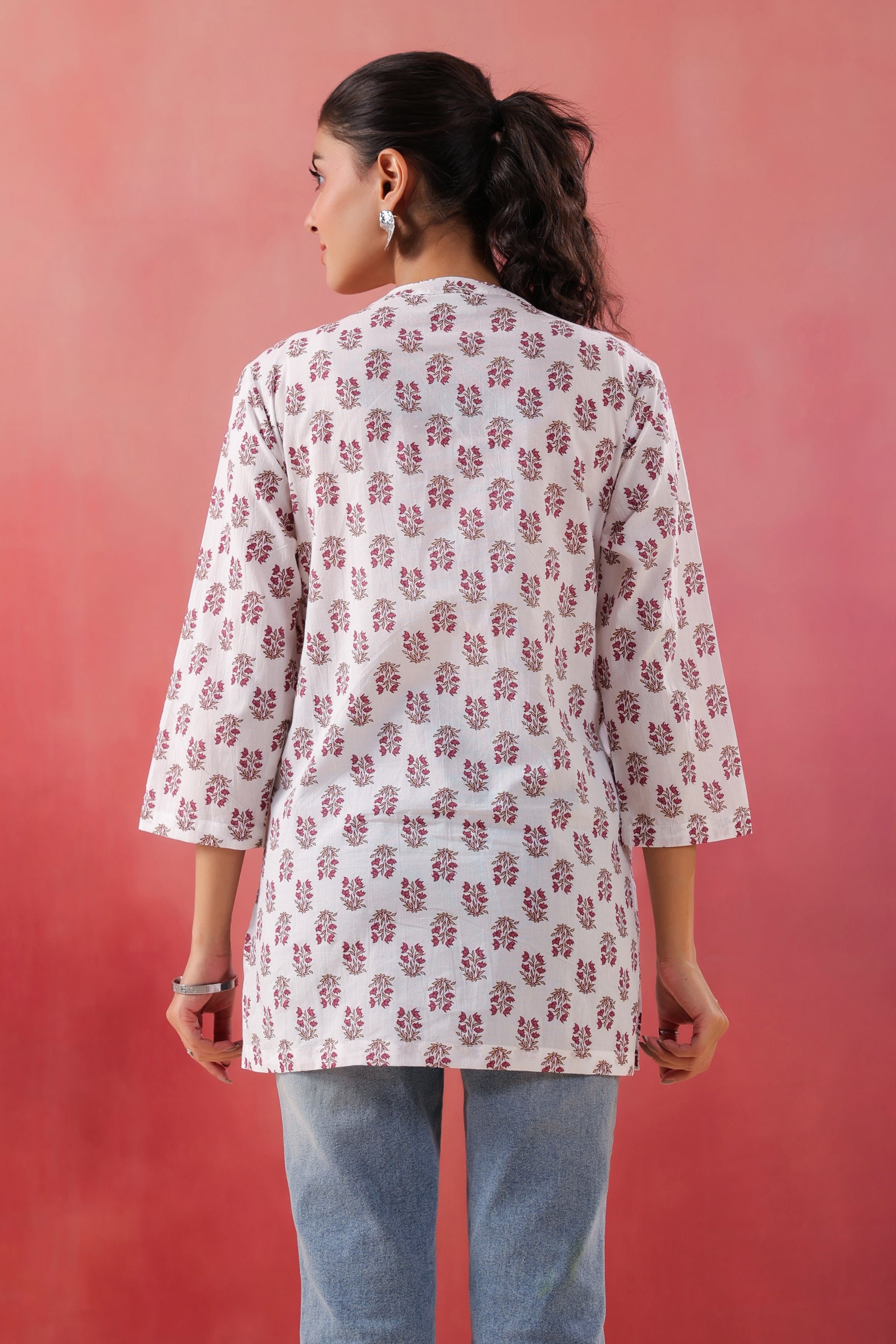 Crimson Charm White Cotton Printed Top