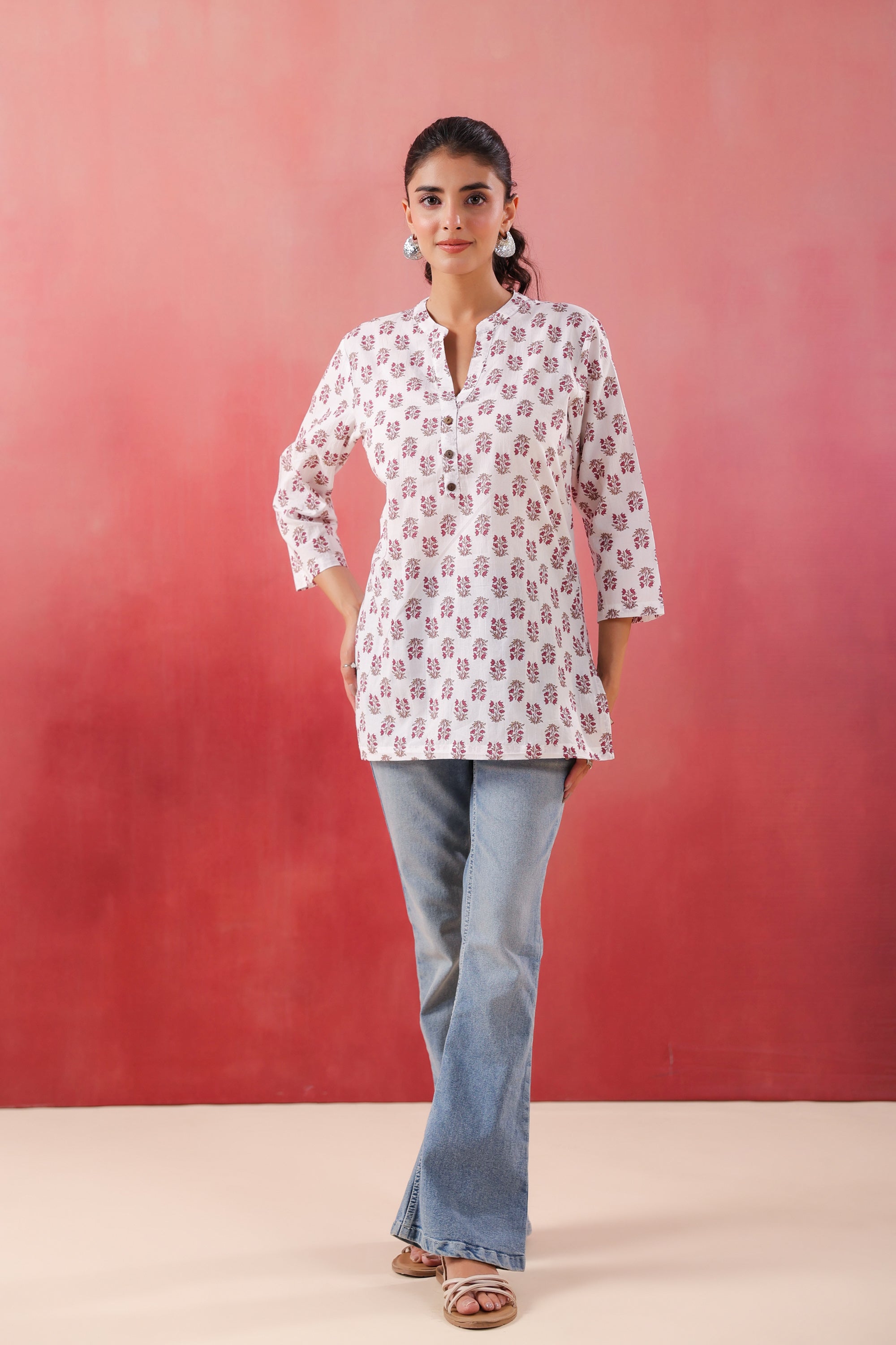 Crimson Charm White Cotton Printed Top