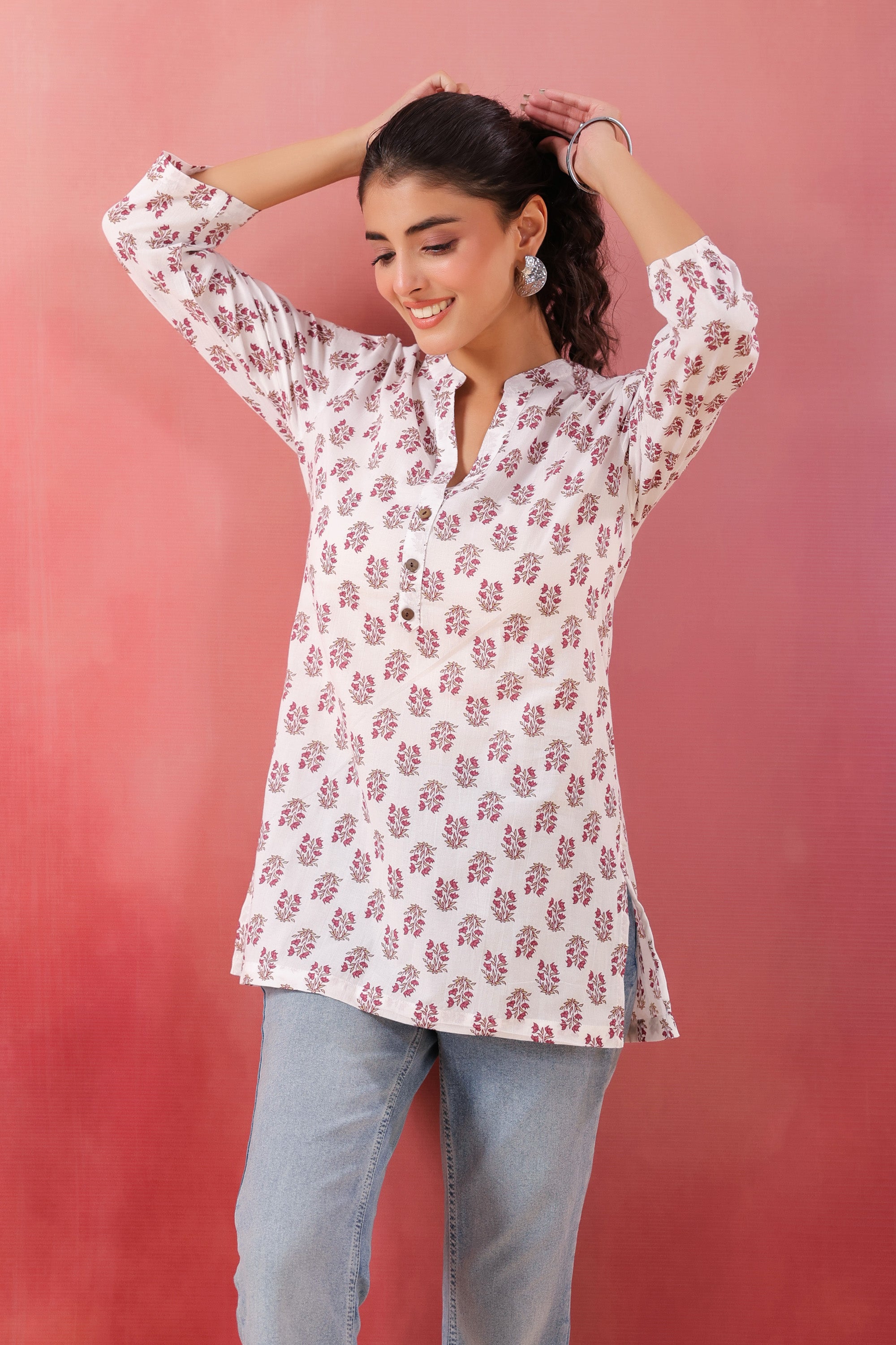Crimson Charm White Cotton Printed Top