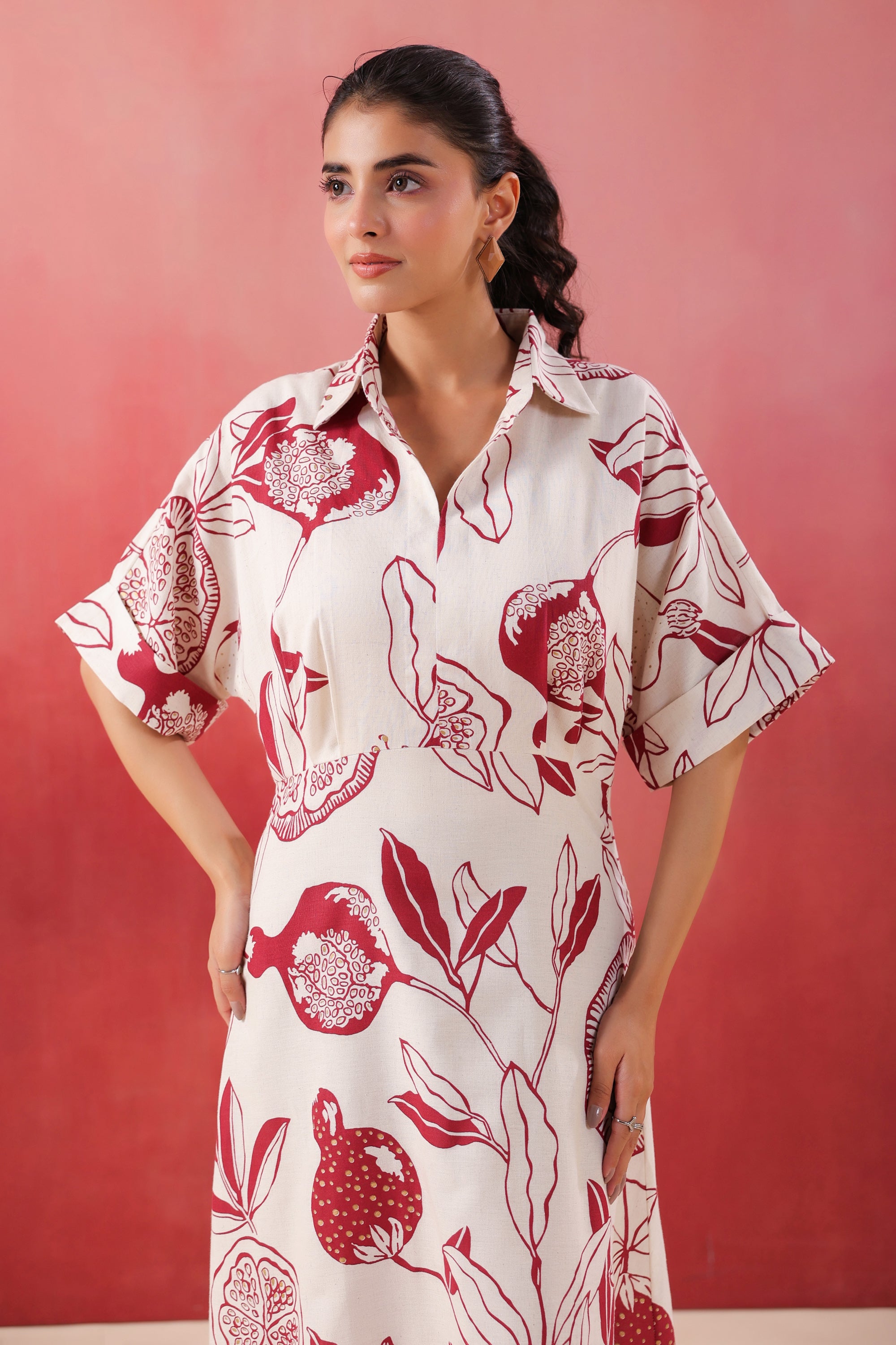 Ivory Pomegranate Printed Maroon Cotton Flex Dress