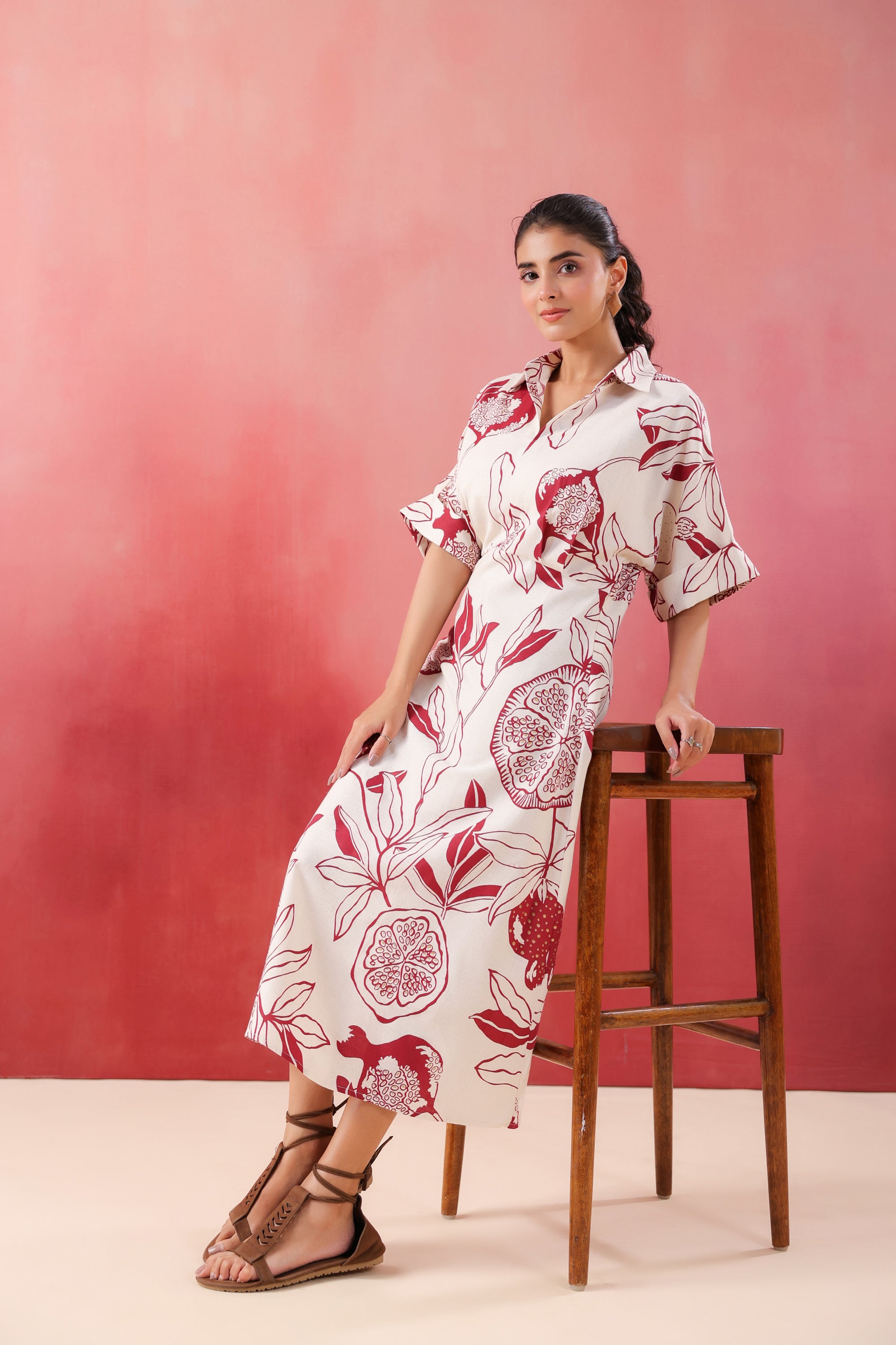 Ivory Pomegranate Printed Maroon Cotton Flex Dress