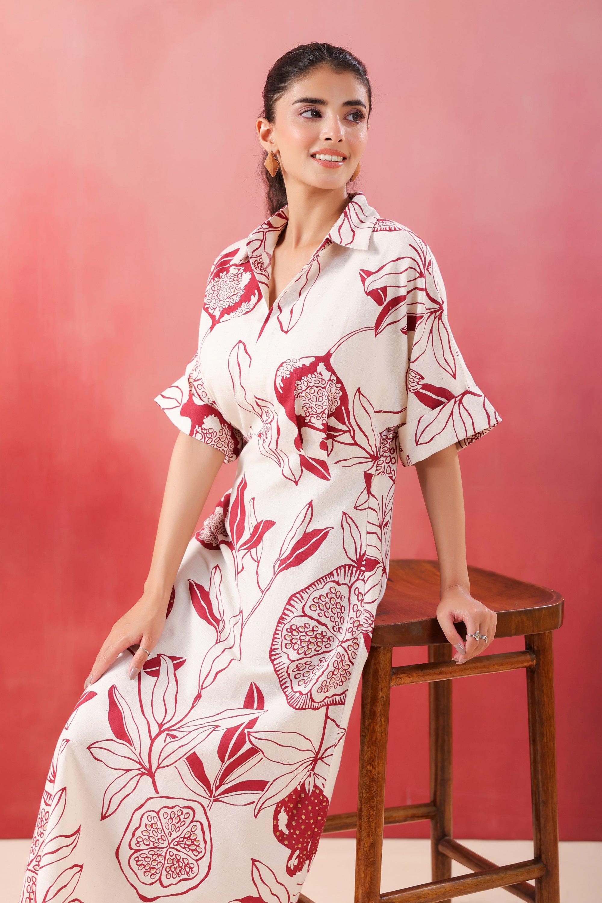 Ivory Pomegranate Printed Maroon Cotton Flex Dress