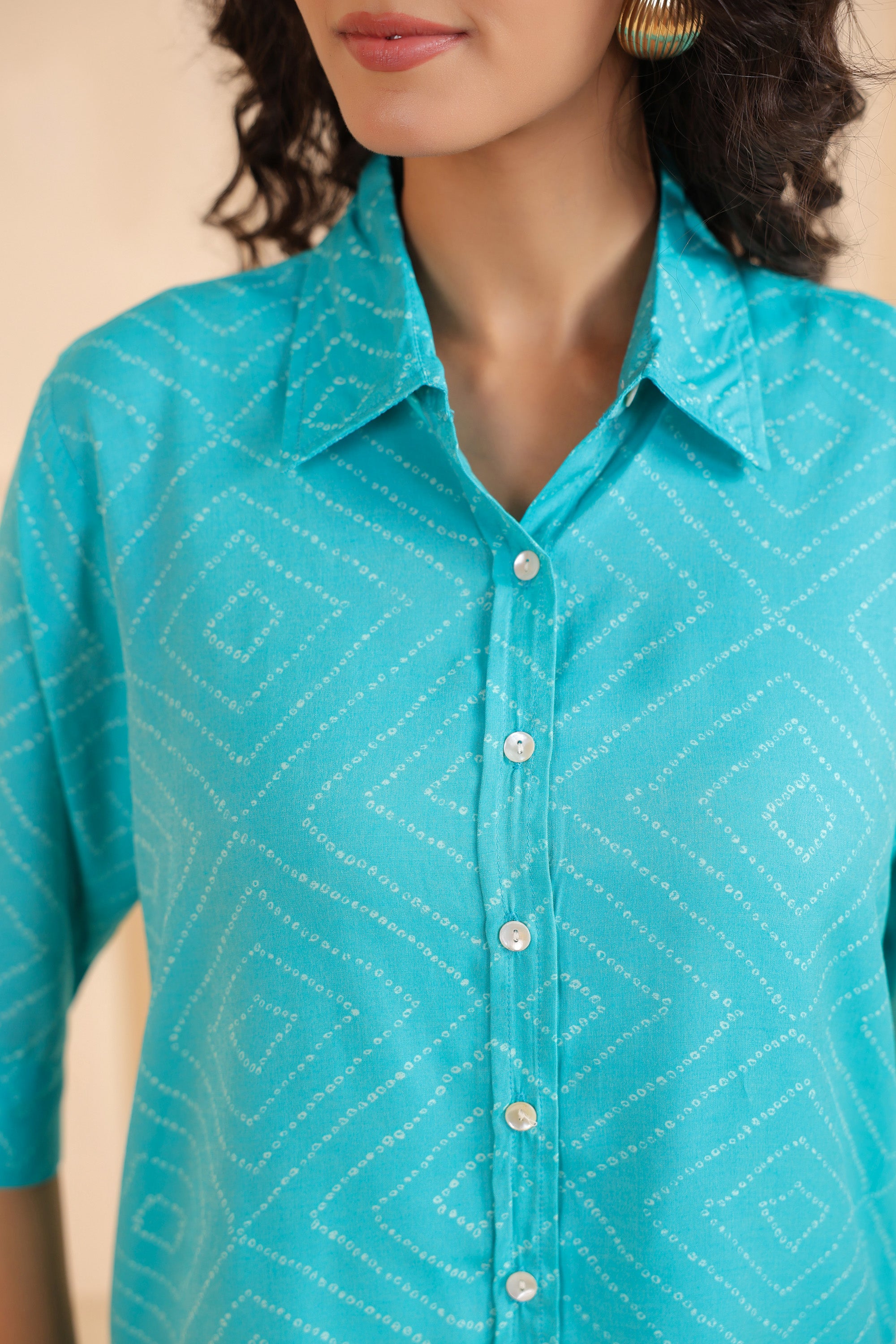 Aqua Geometry Classic Button-Down Muslin Silk Shirt