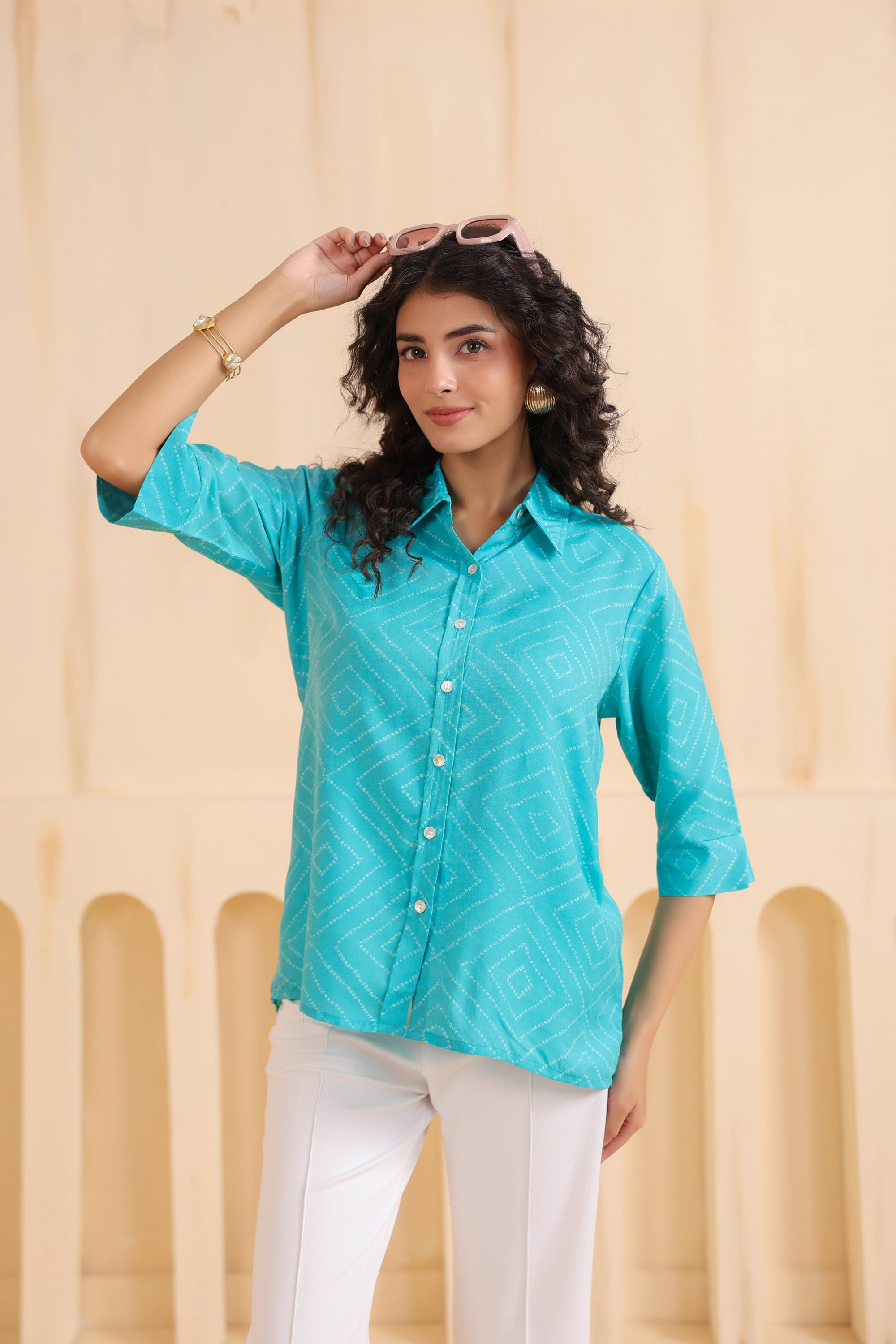 Aqua Geometry Classic Button-Down Muslin Silk Shirt