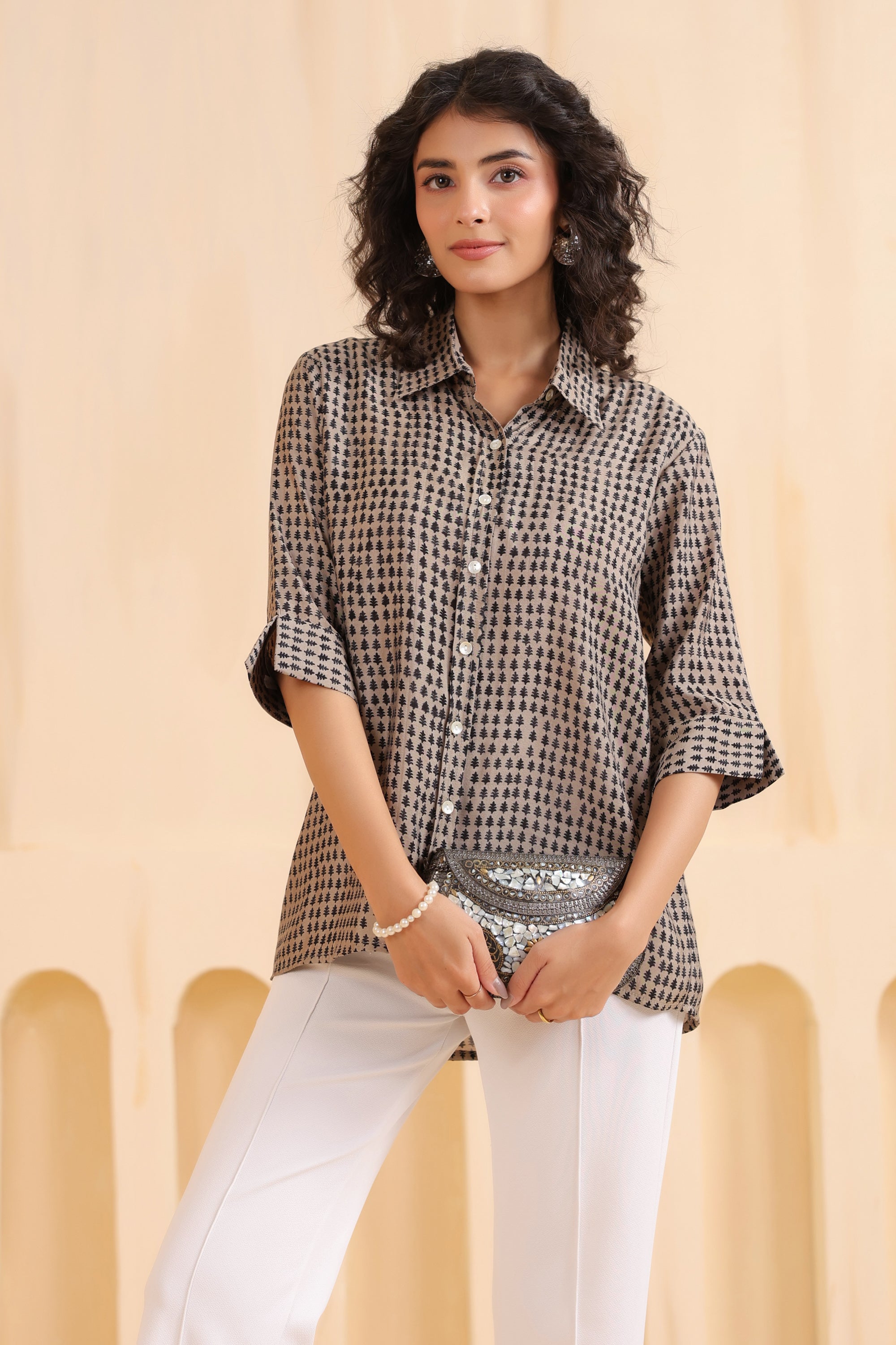 Mocha Mini Motif Everyday Muslin Silk Shirt
