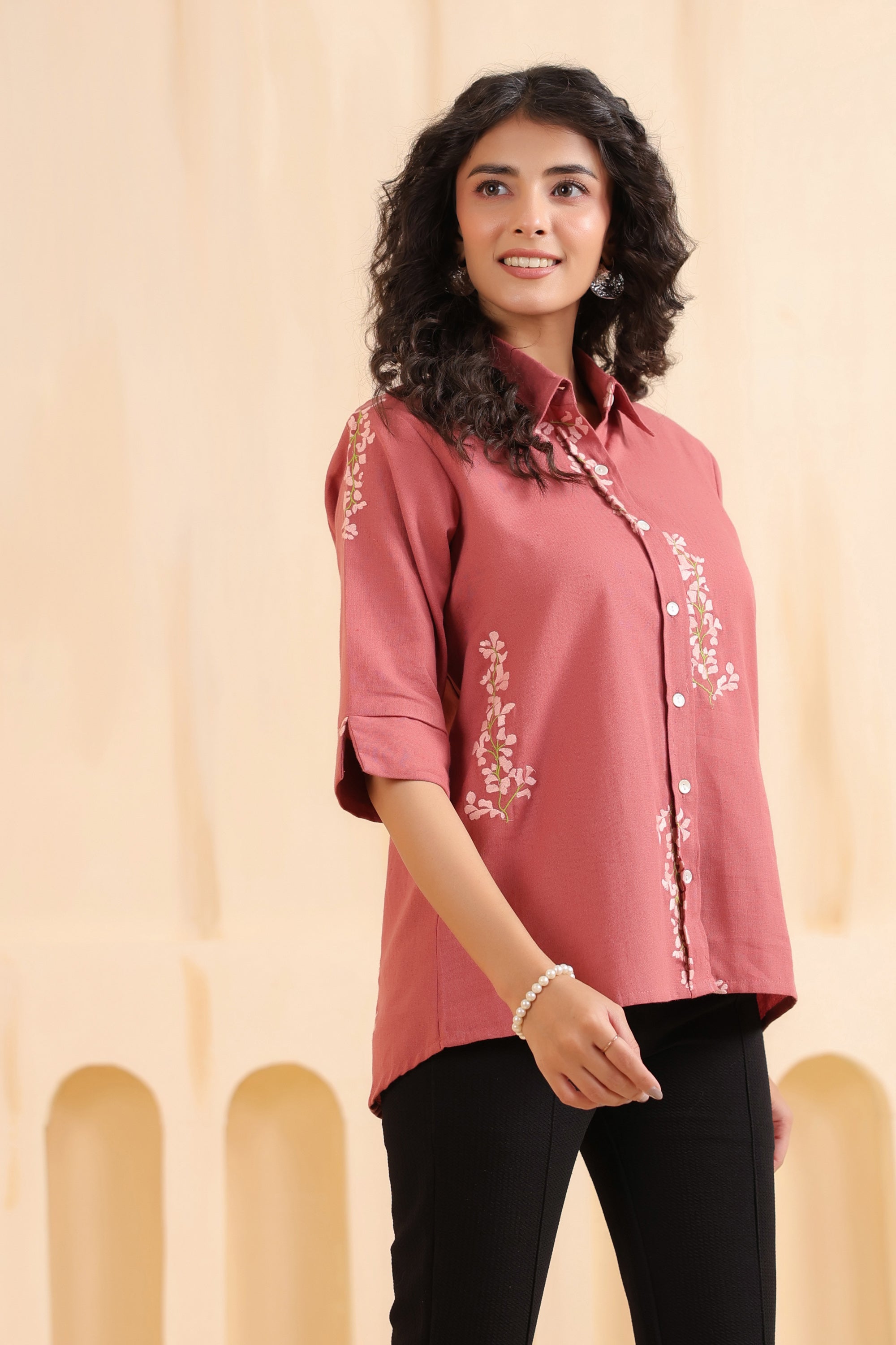 Rosewood Blossom Embroidered Cotton Flex Shirt