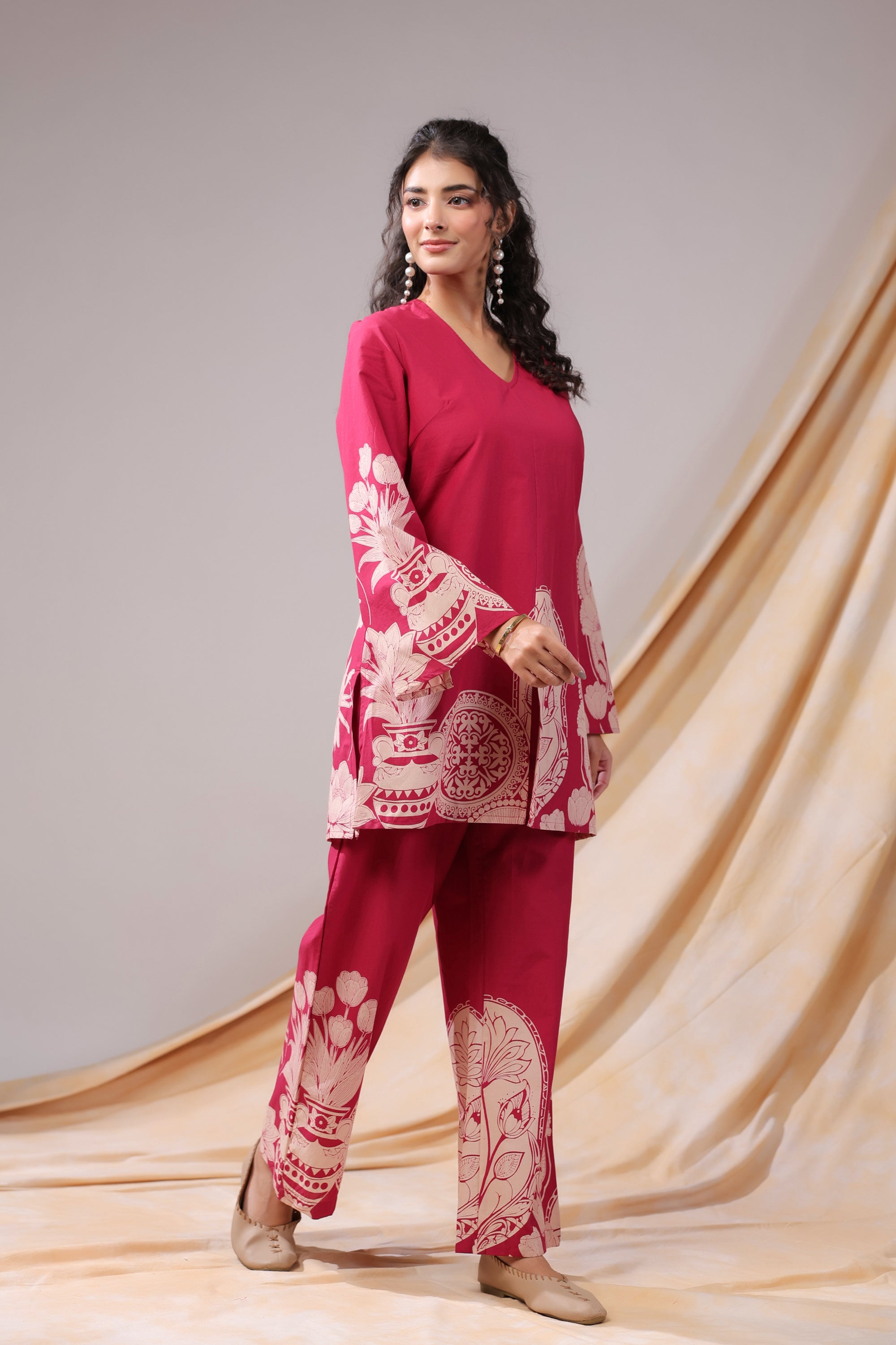 Pink Floral & Geometric Motifs Printed Cotton Co-ord Set