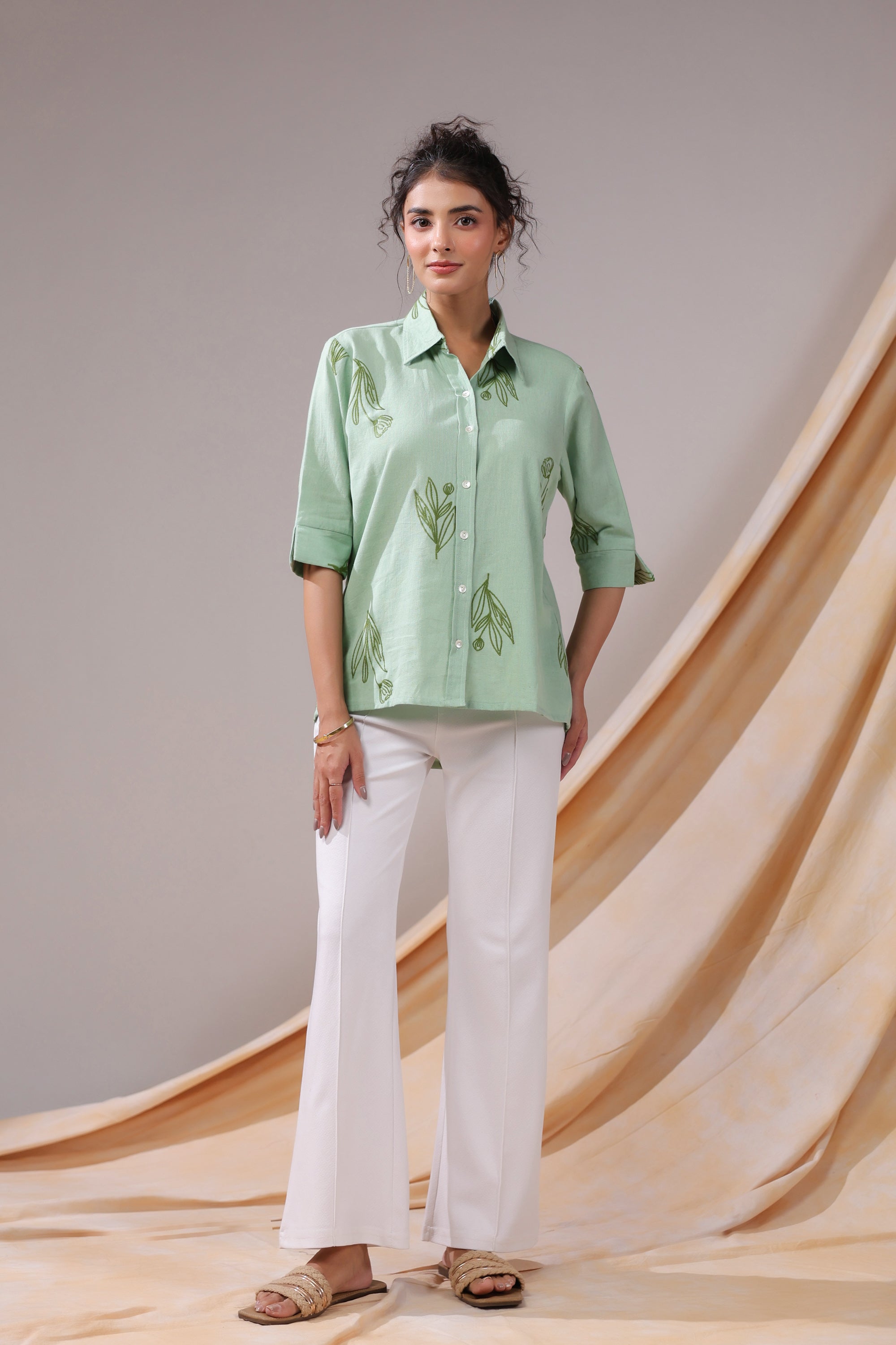 Sage Leafy Serenity Cotton Flex Shirt