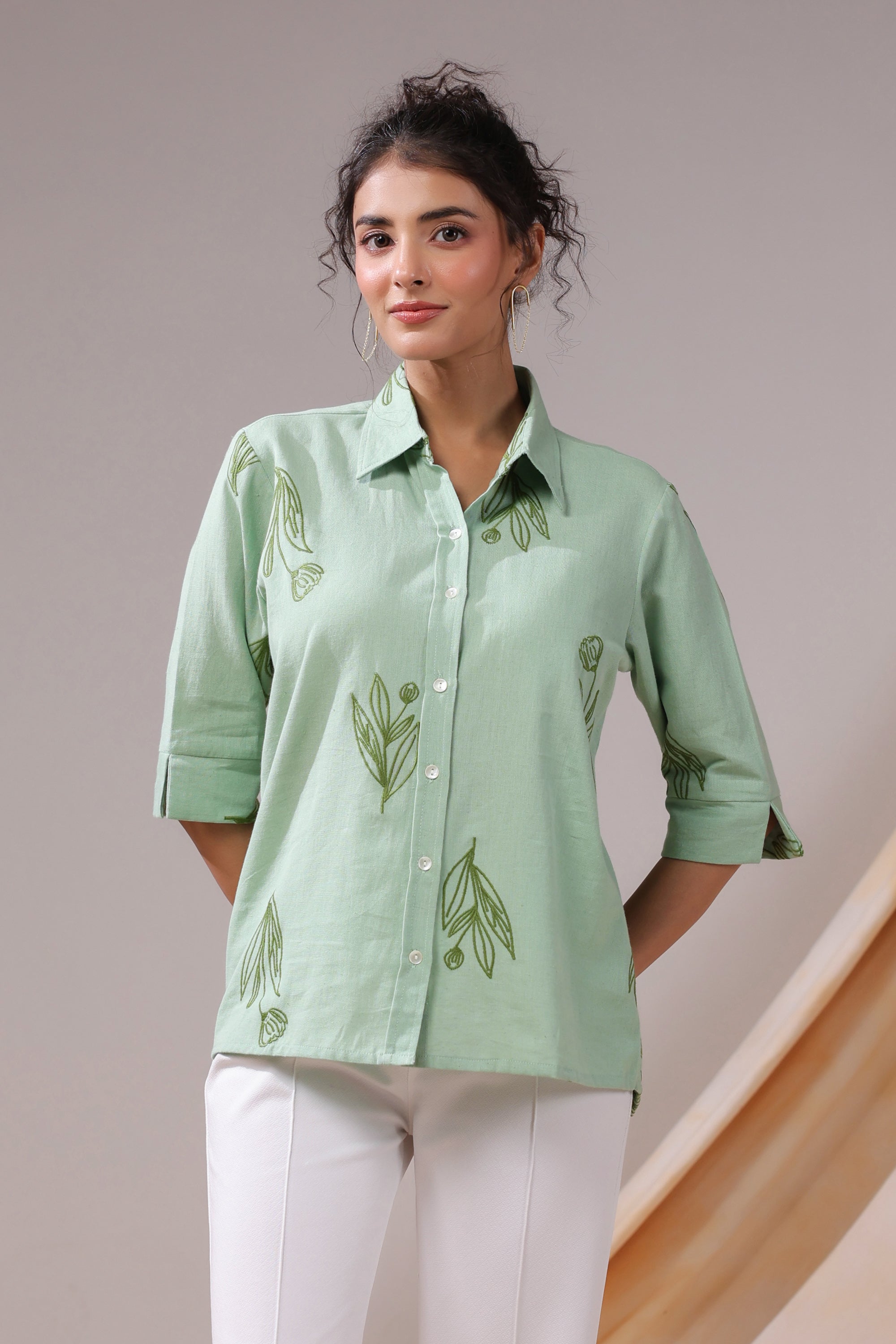 Sage Leafy Serenity Cotton Flex Shirt