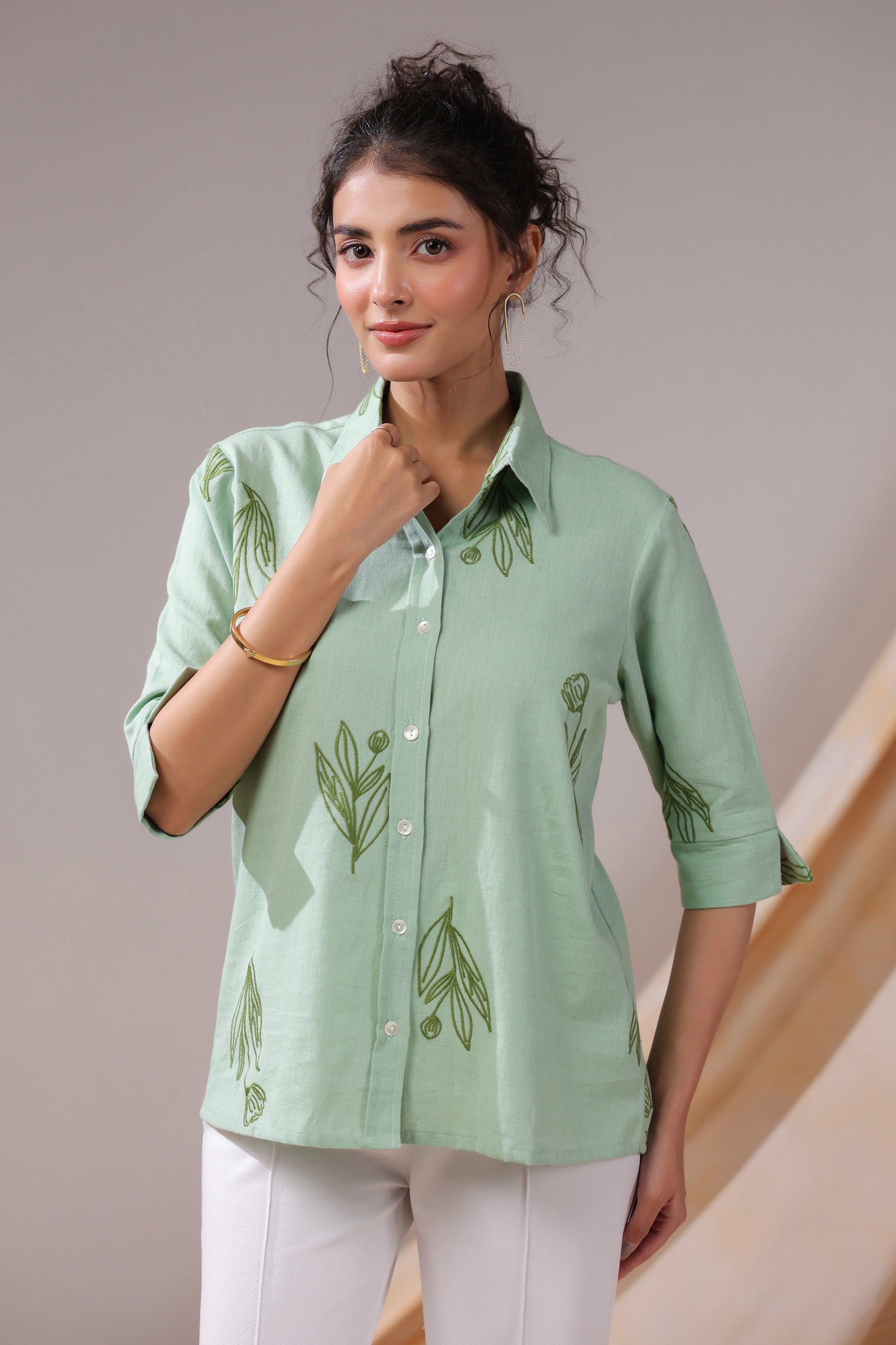 Sage Leafy Serenity Cotton Flex Shirt