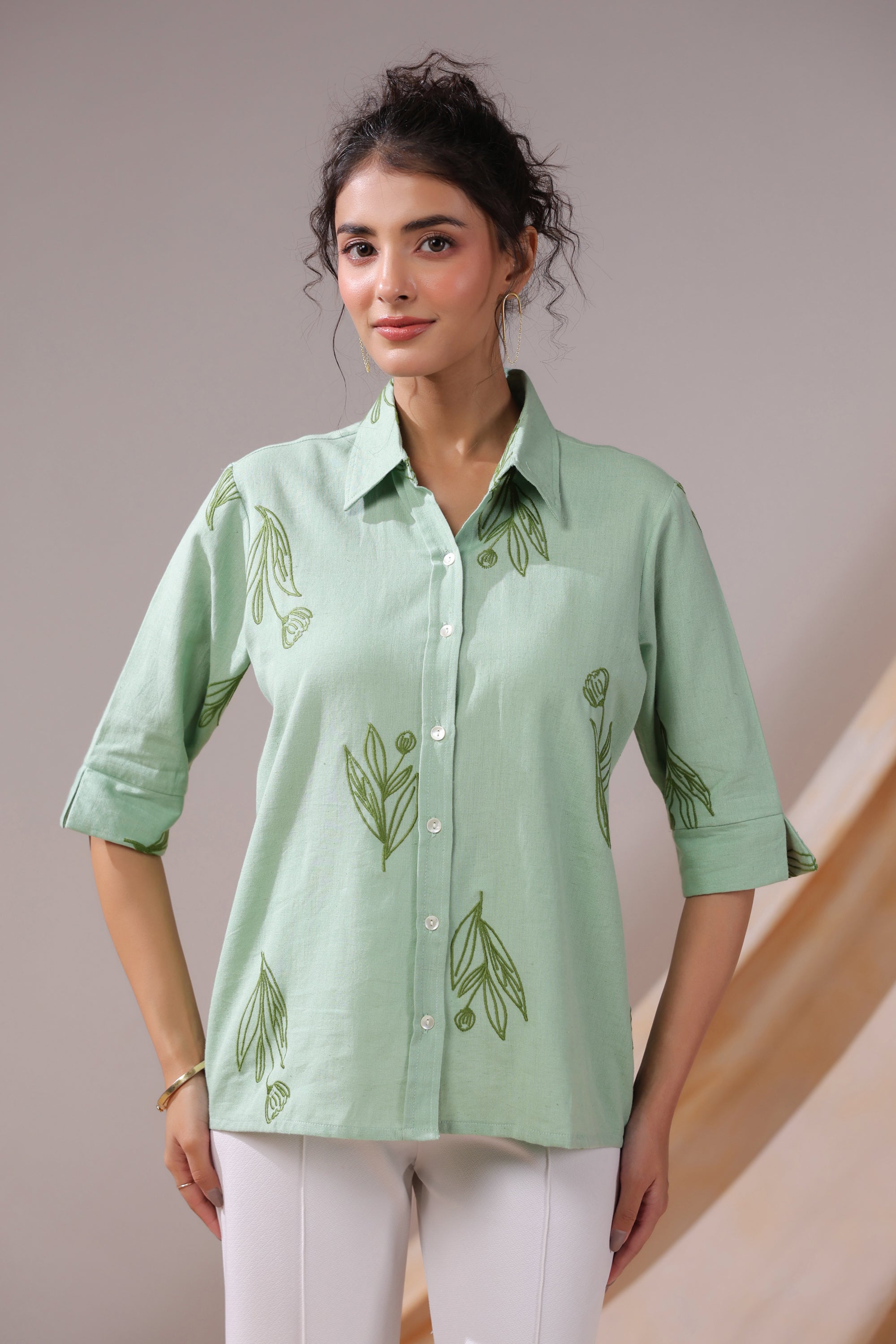 Sage Leafy Serenity Cotton Flex Shirt