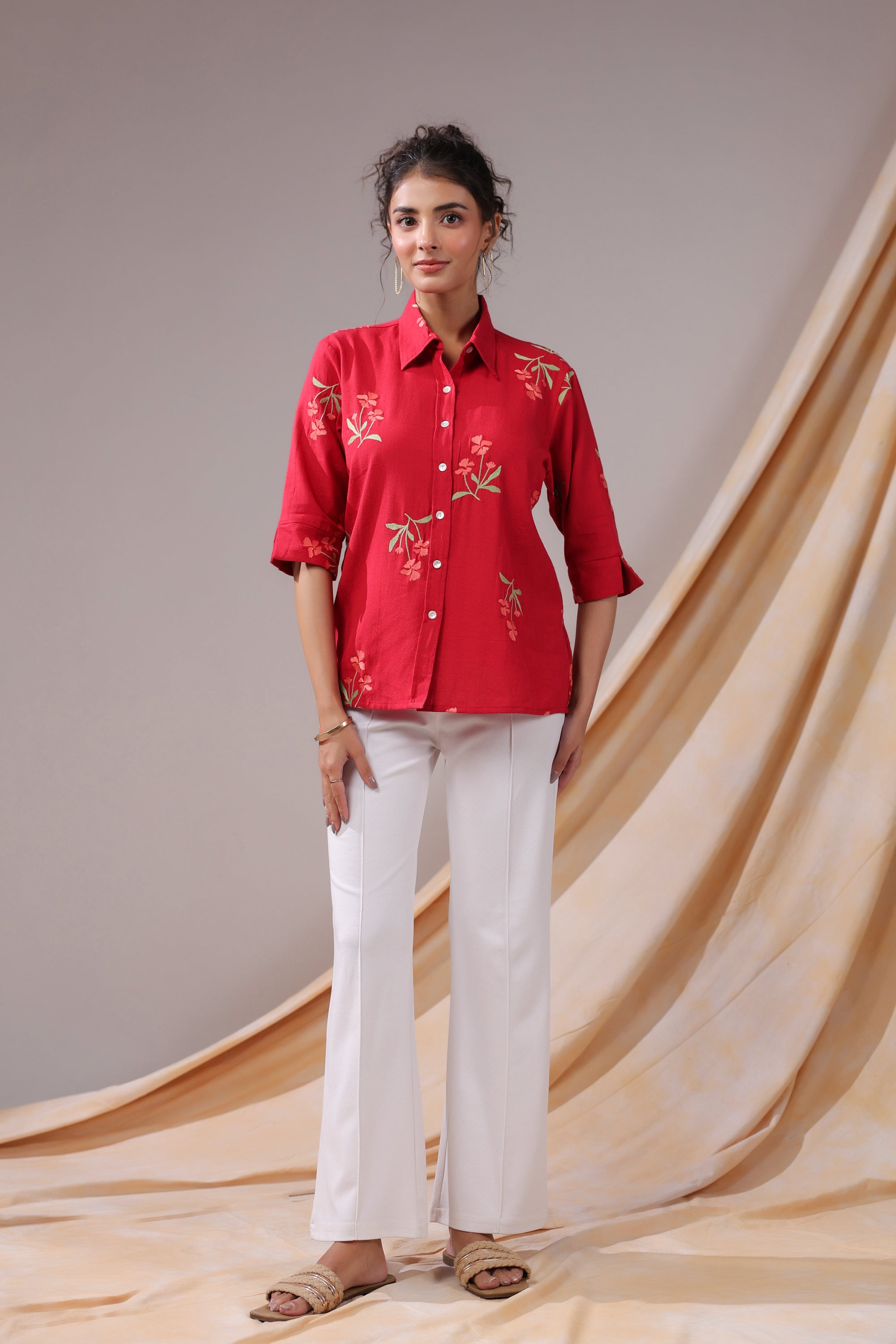 Crimson Petal Embroidered Cotton Flex Shirt