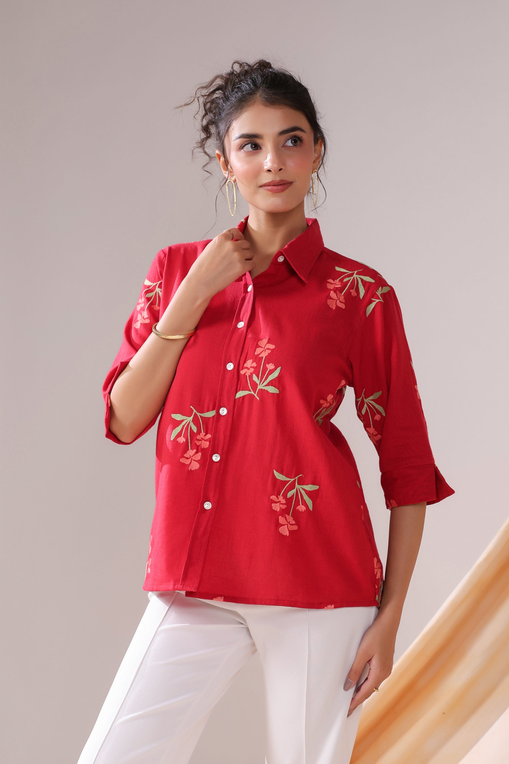 Crimson Petal Embroidered Cotton Flex Shirt