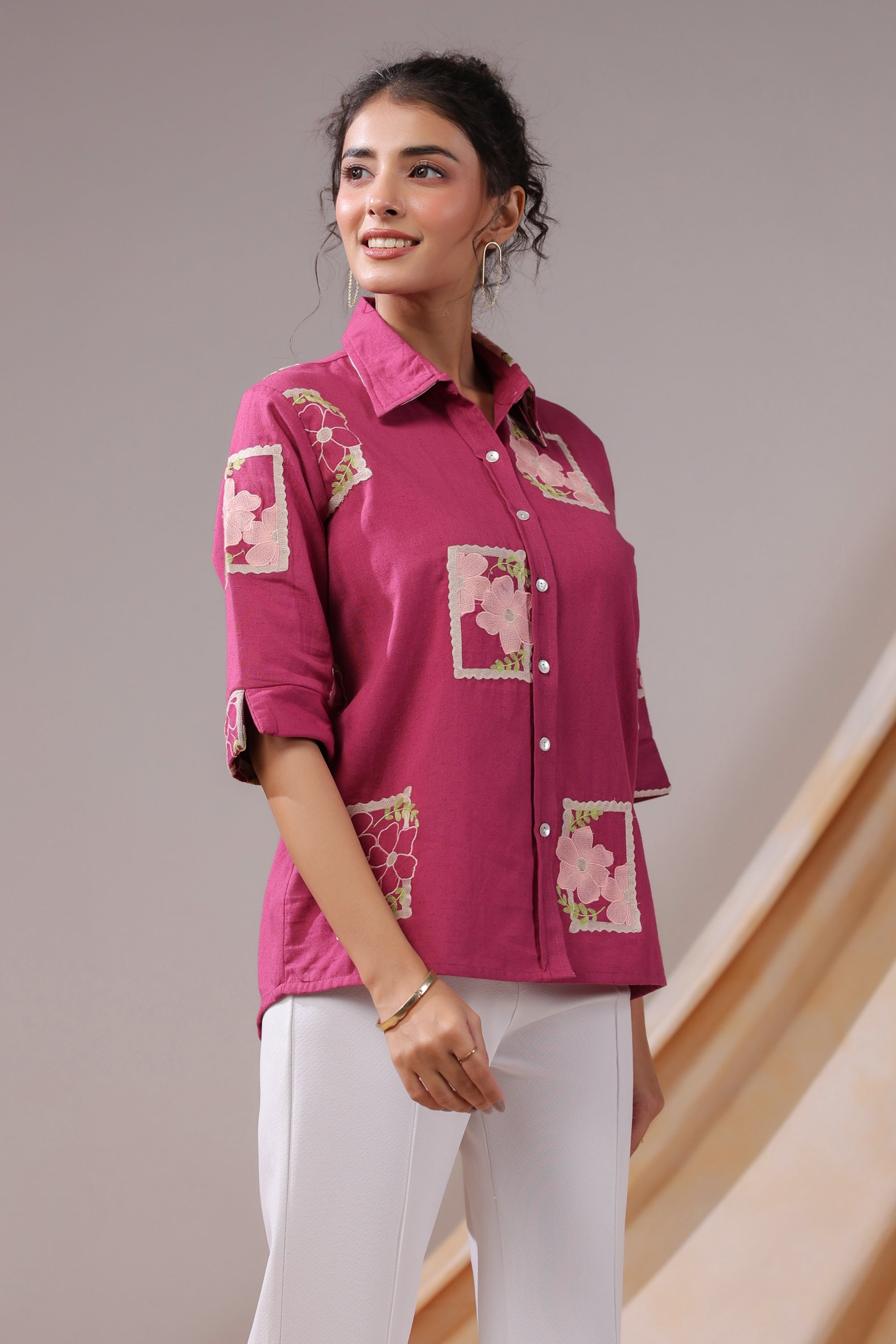 Fuchsia Patchwork Floral Cotton Flex Shirt