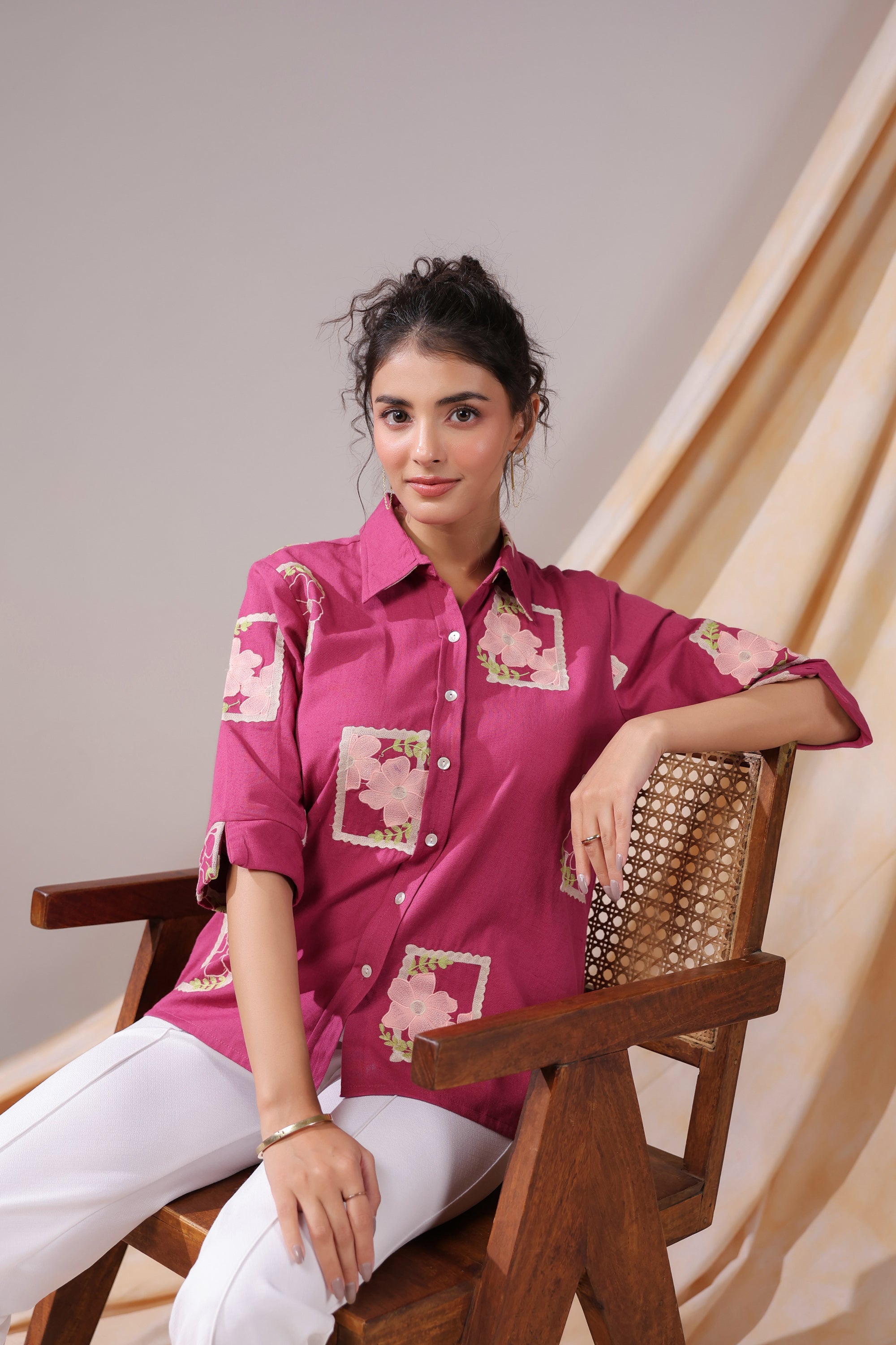 Fuchsia Patchwork Floral Cotton Flex Shirt