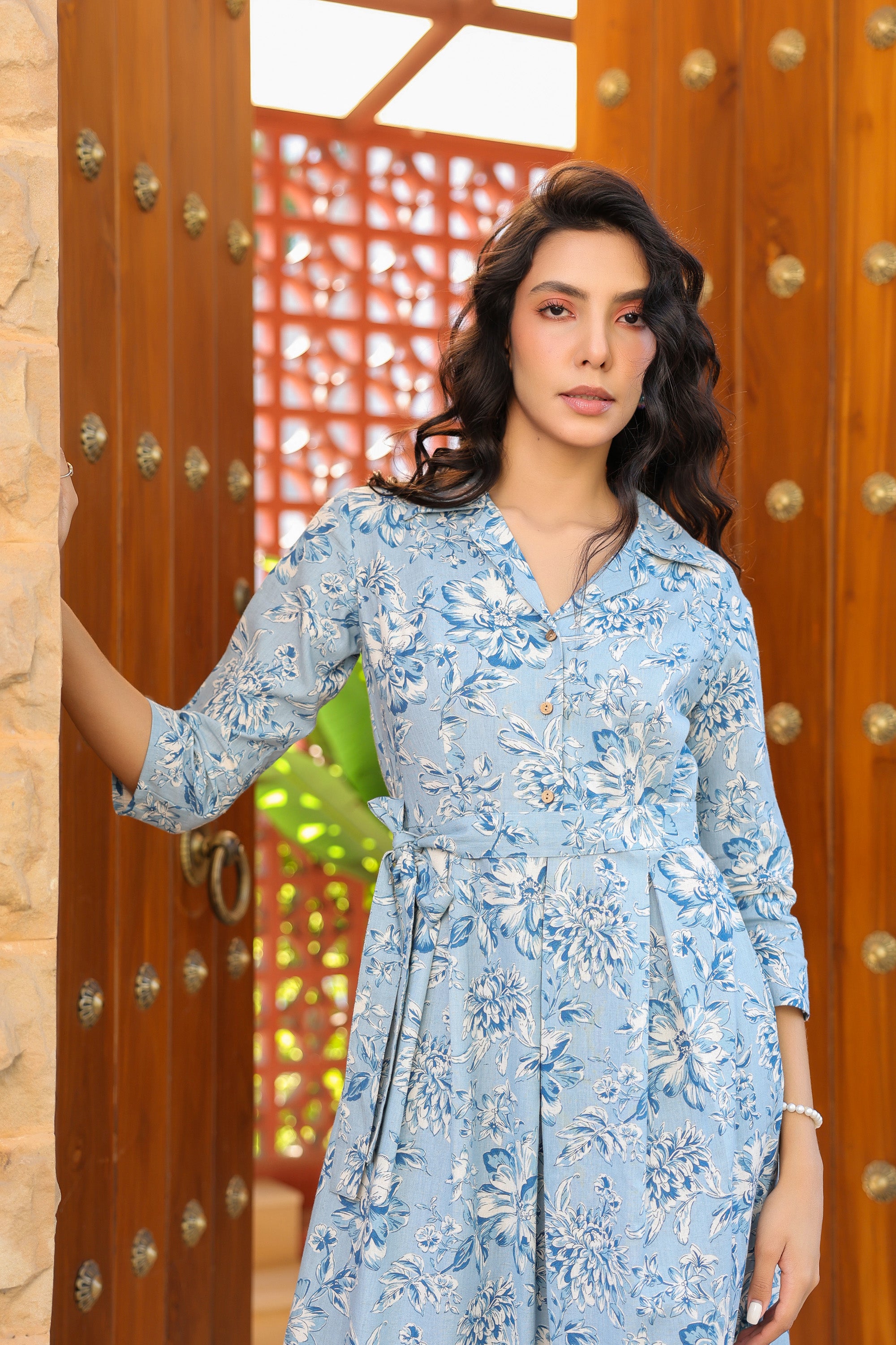 Powder Blue Floral Charm Cotton Flex Dress