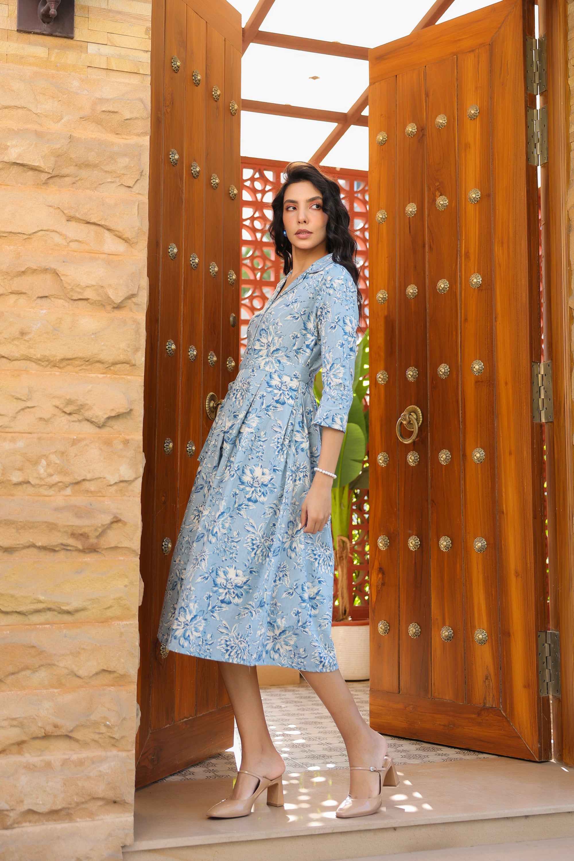 Powder Blue Floral Charm Cotton Flex Dress