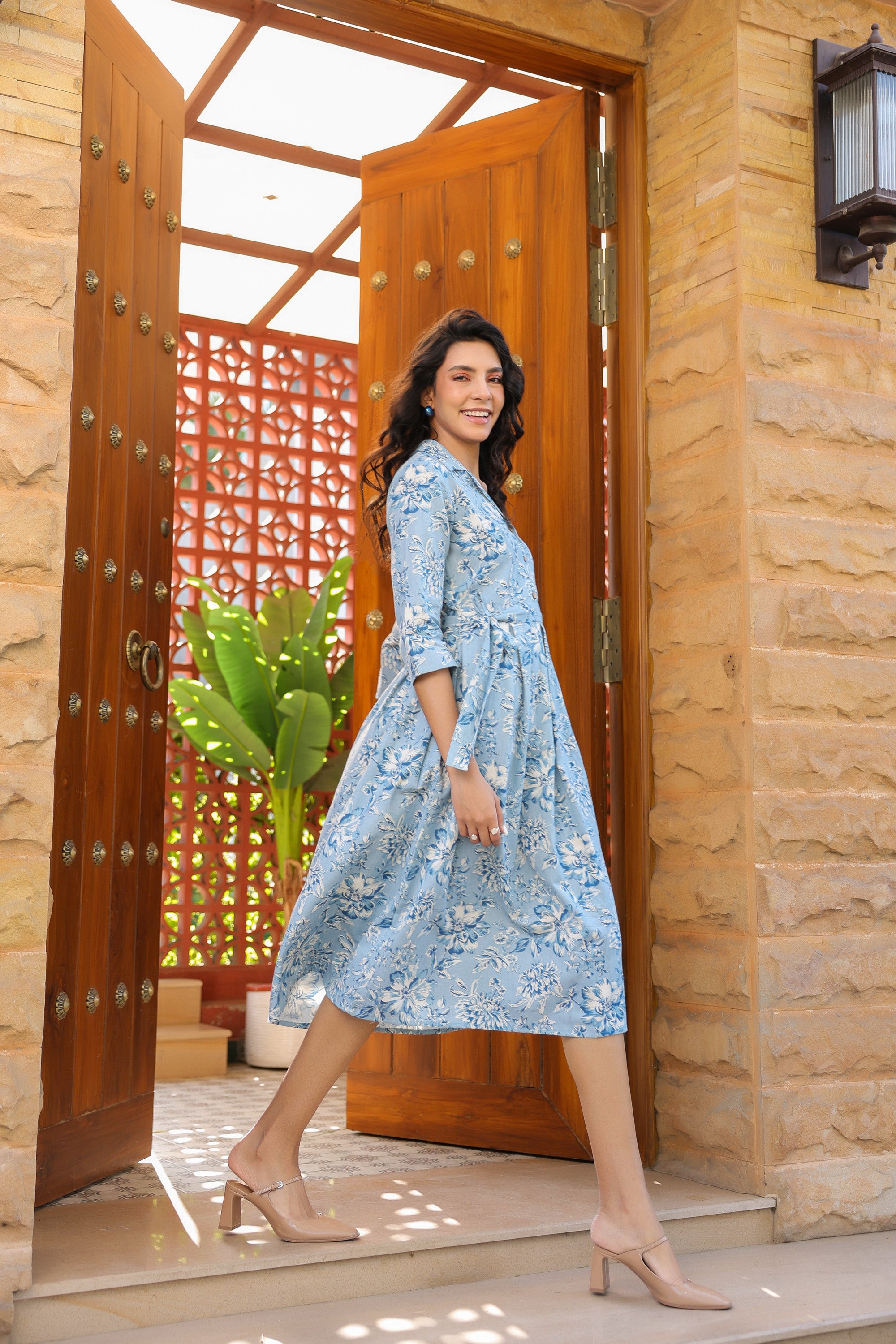 Powder Blue Floral Charm Cotton Flex Dress