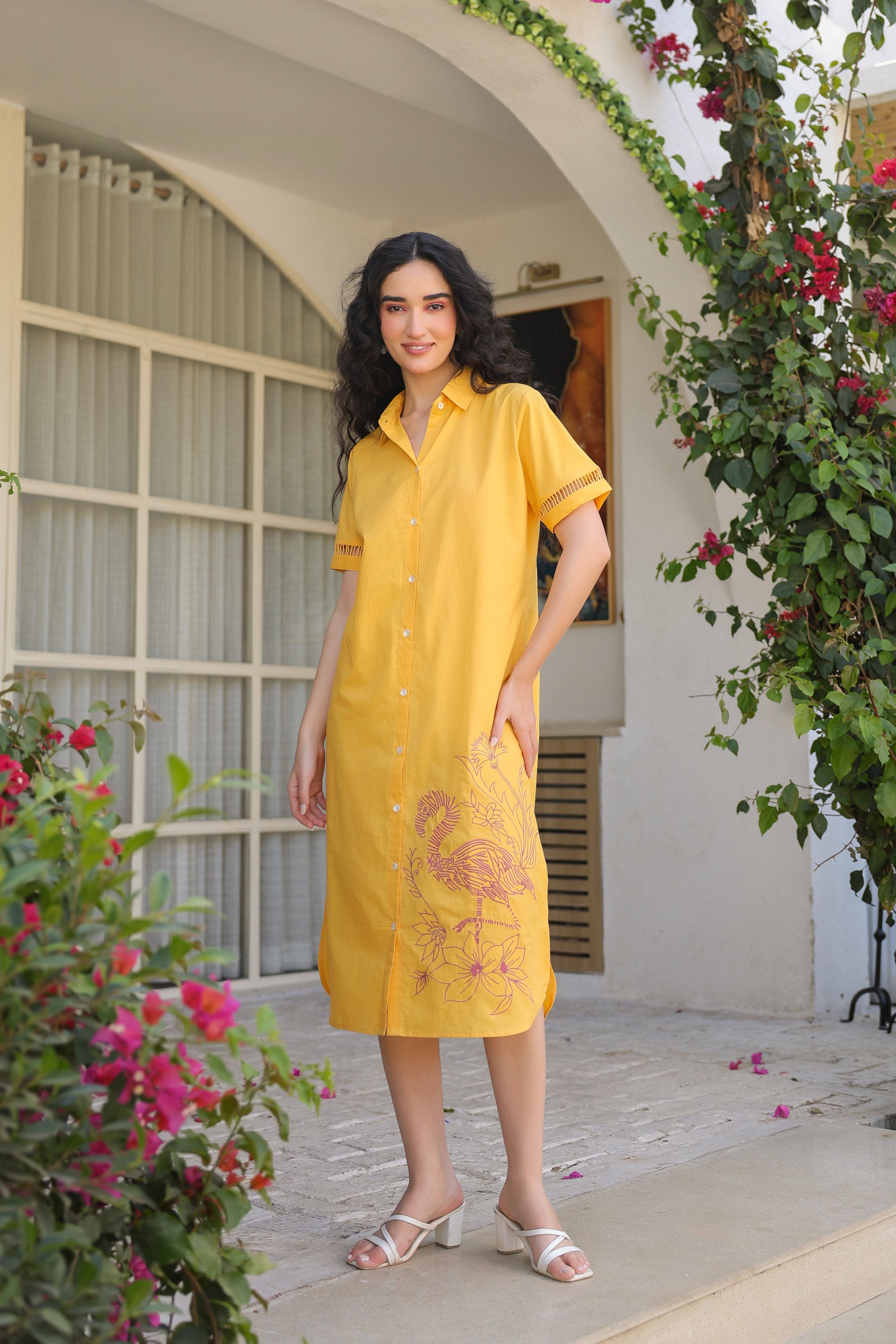 Yellow Flamingo Cotton Dress
