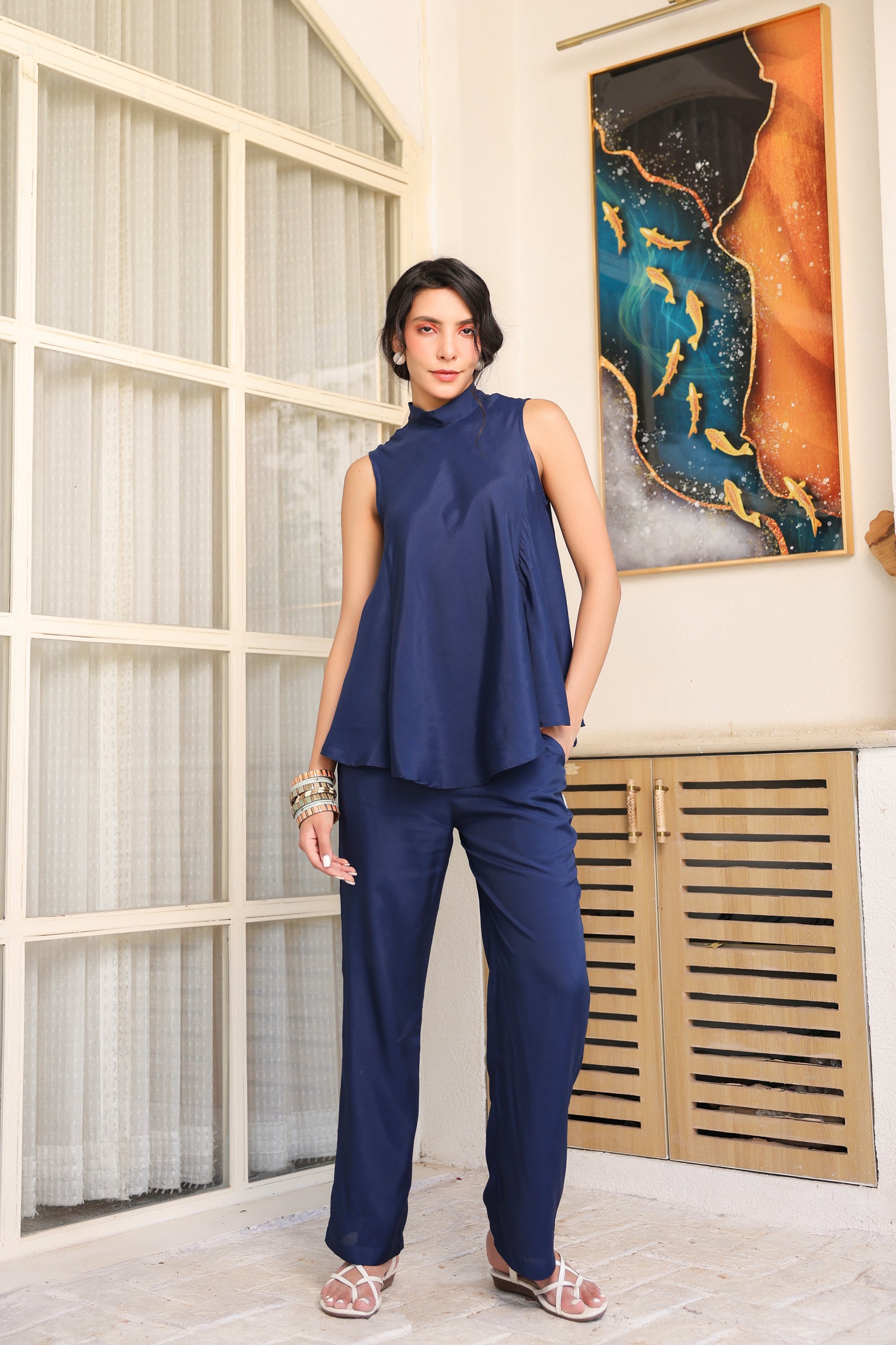 Oxford Blue Sleeveless Russian Silk Co-ord Set