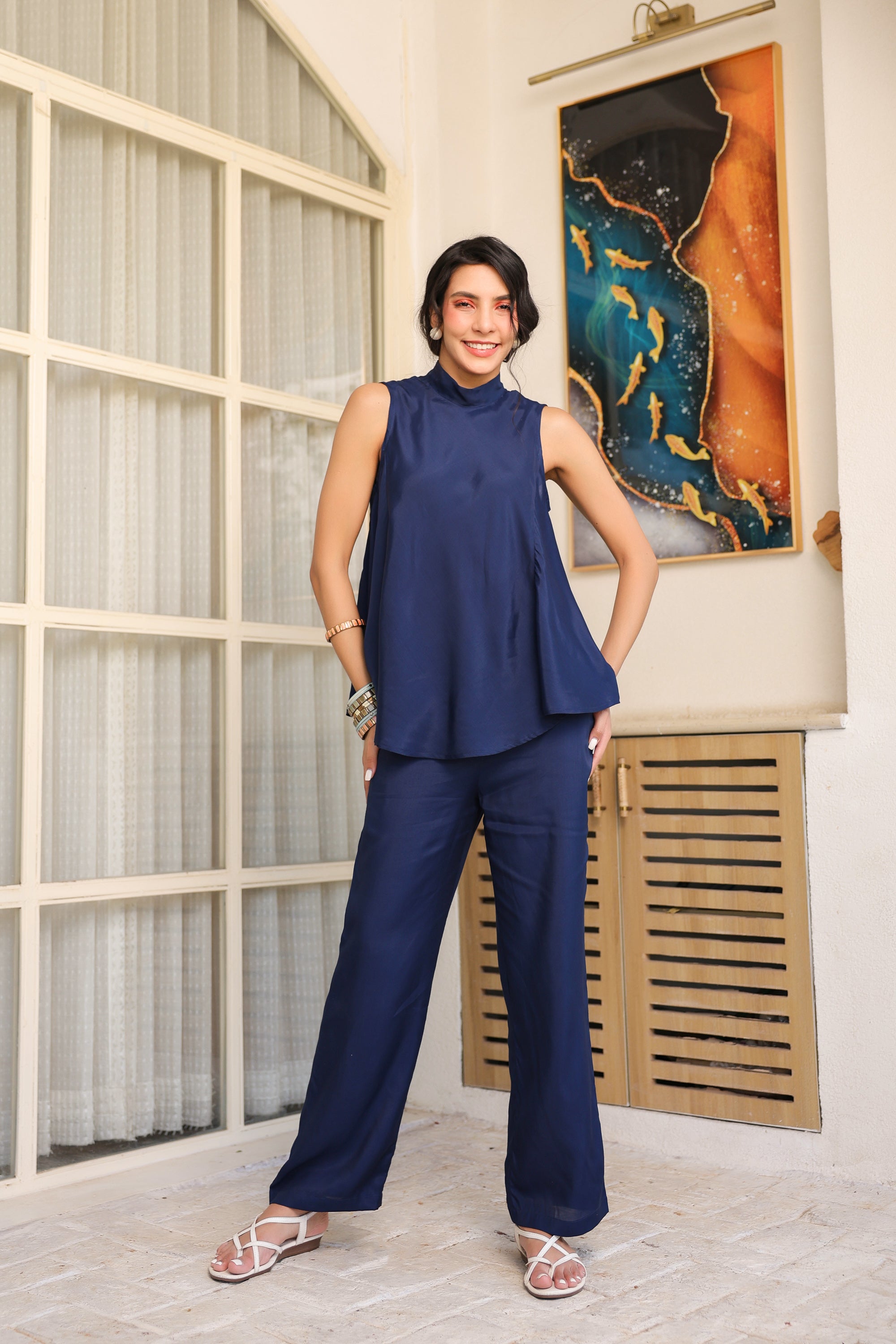 Oxford Blue Sleeveless Russian Silk Co-ord Set