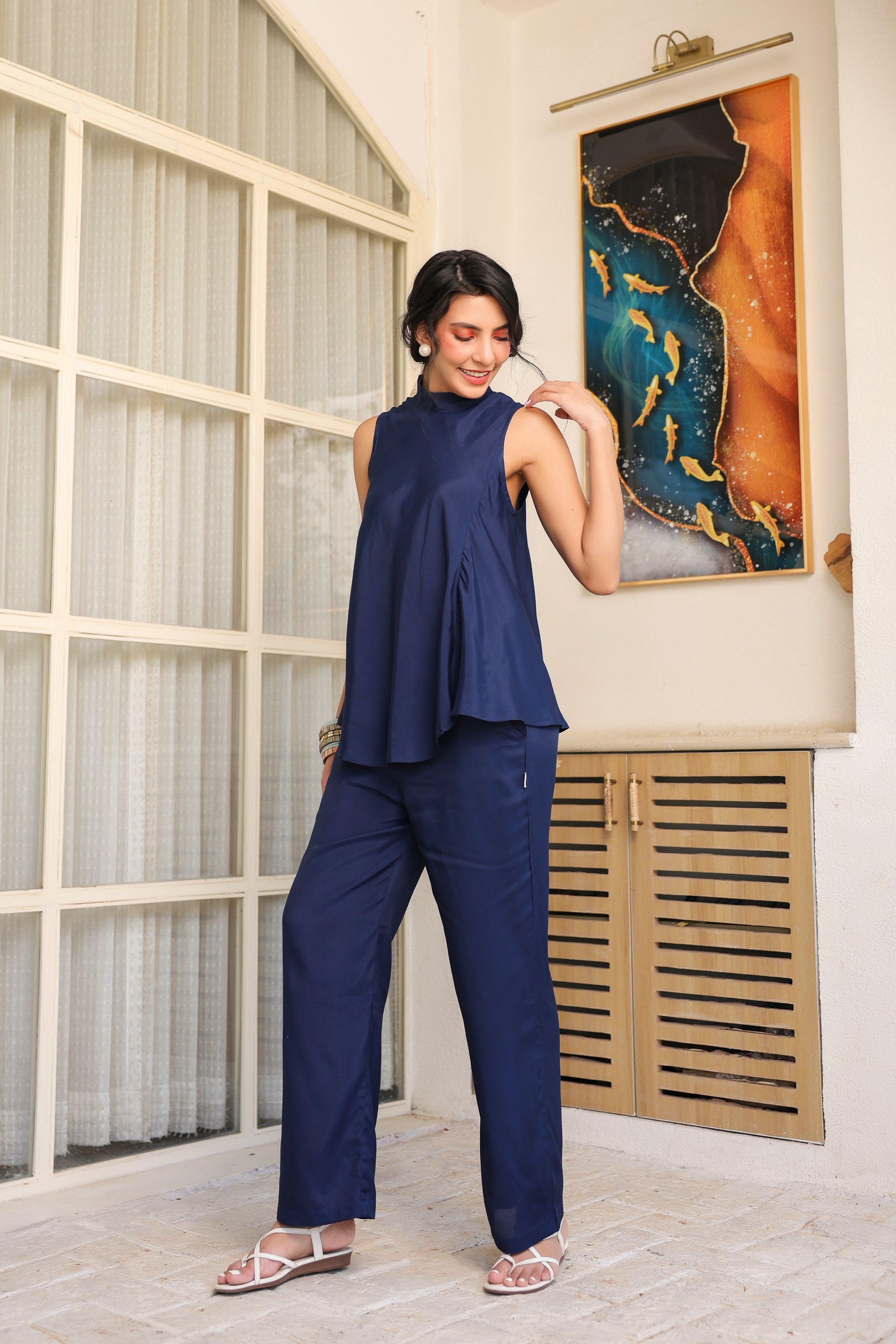 Oxford Blue Sleeveless Russian Silk Co-ord Set