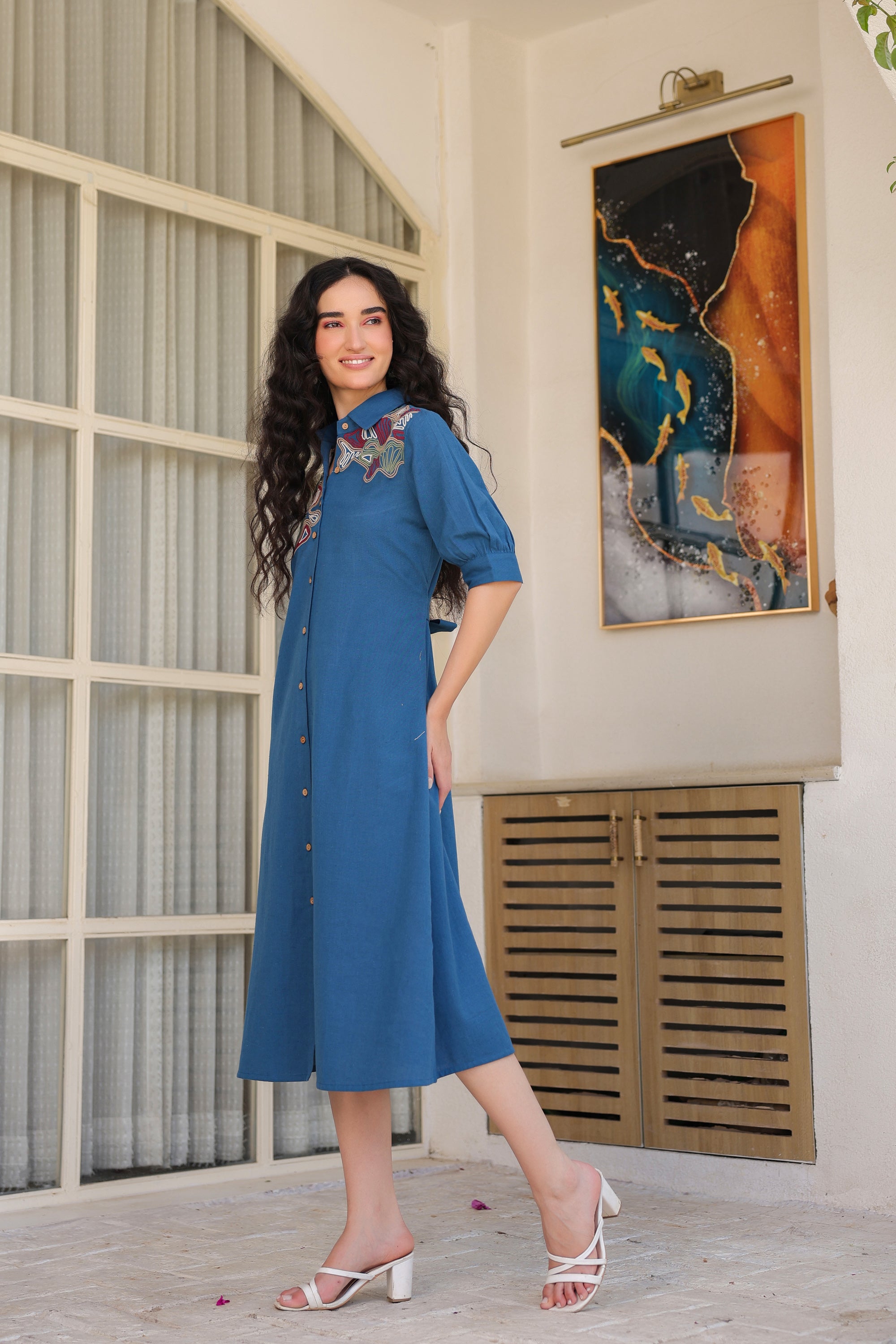 Blue Sand Shirt Dress with Embroidery