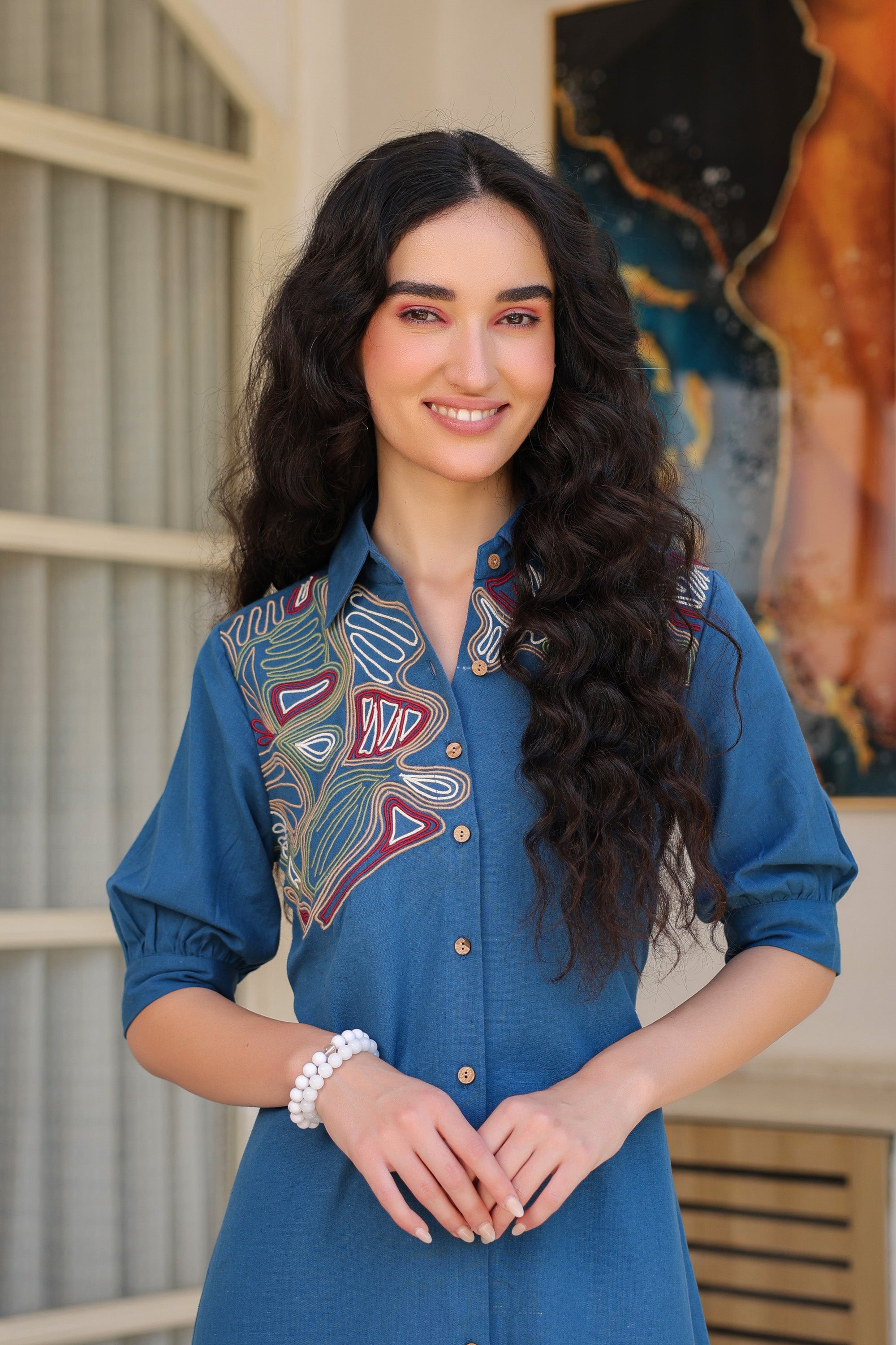 Blue Sand Shirt Dress with Embroidery