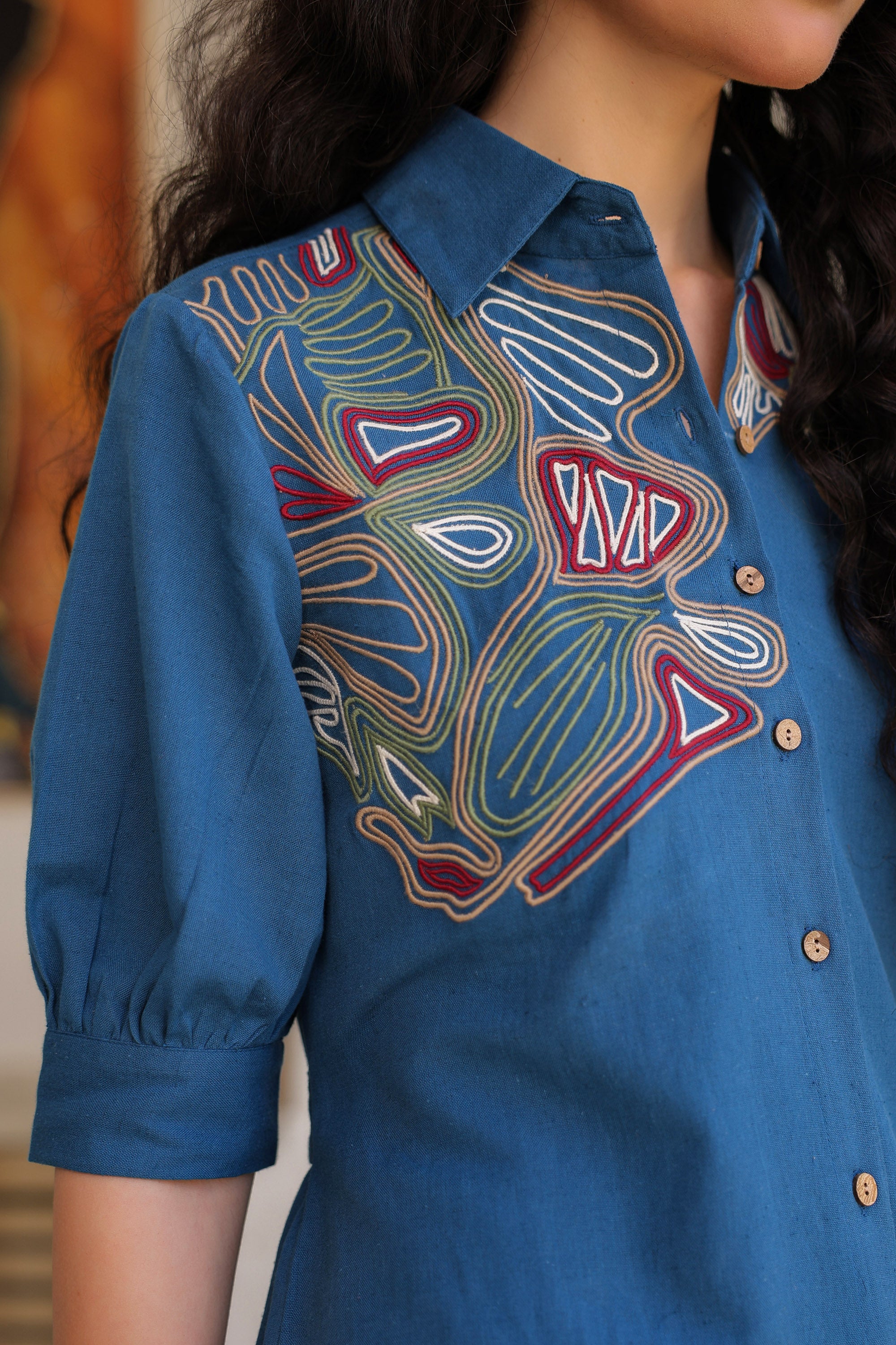 Blue Sand Shirt Dress with Embroidery