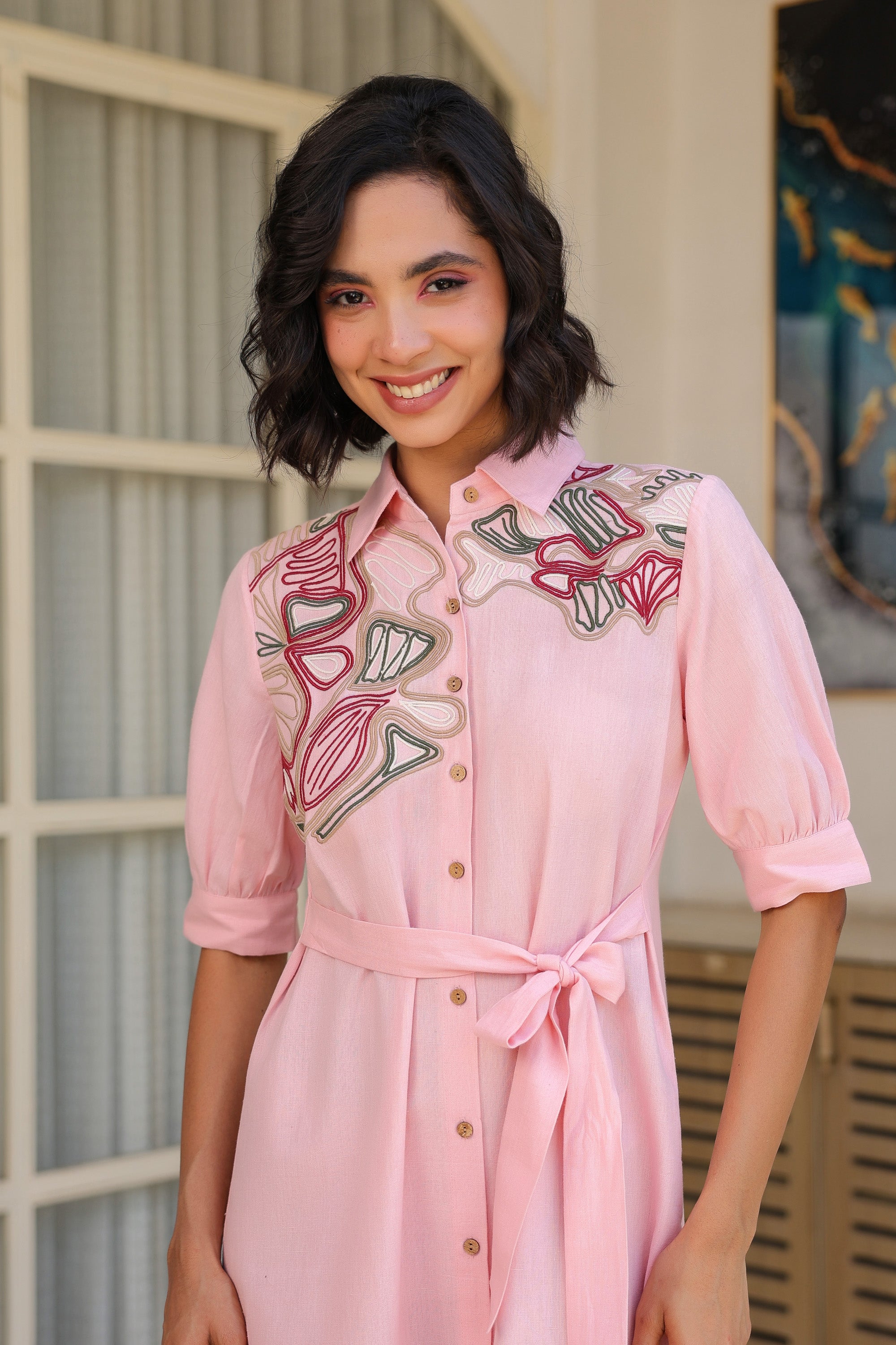Pink Sand Shirt Dress with Embroidery