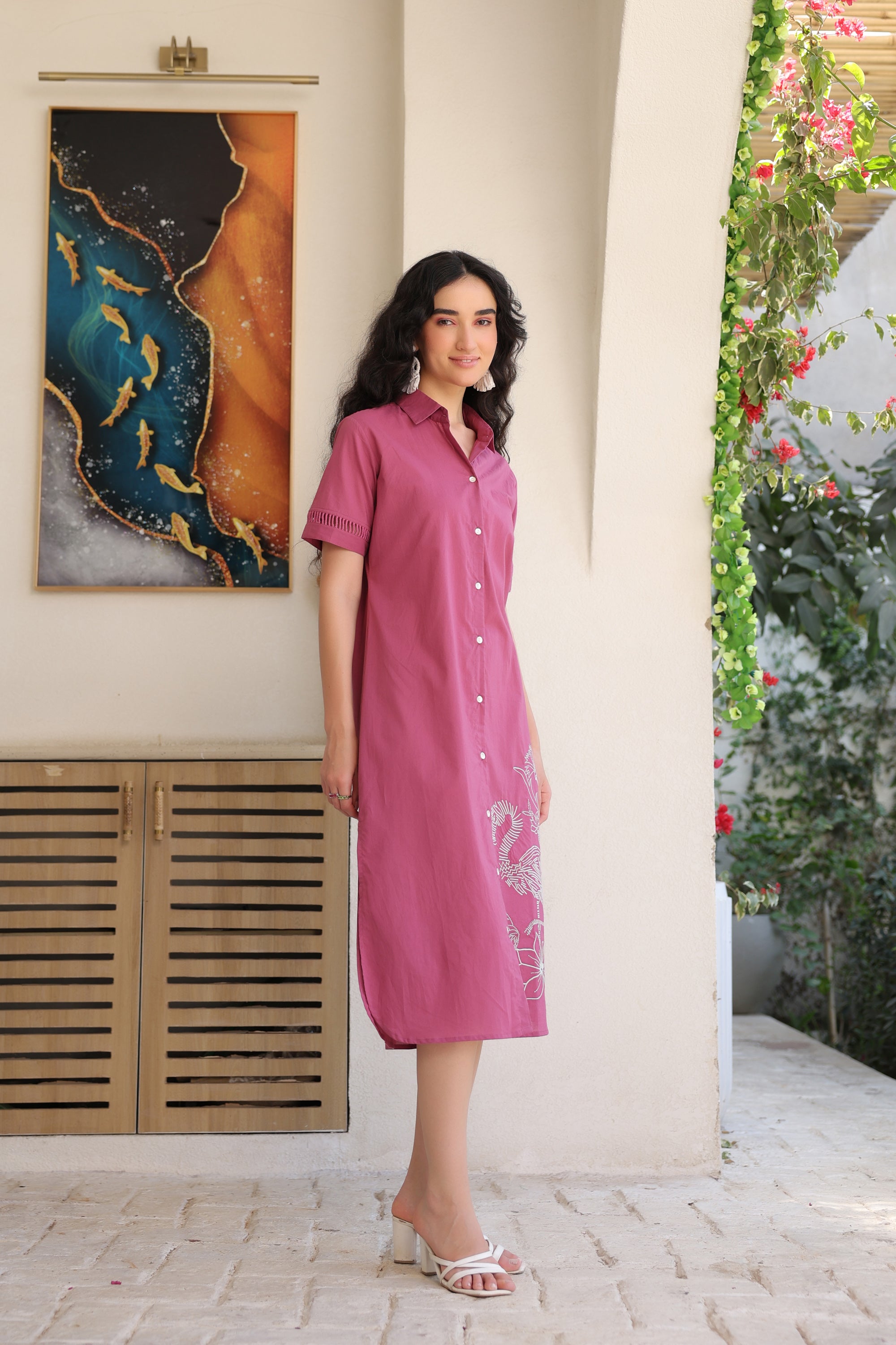 Dusky Flamingo Shirt Cotton Dress