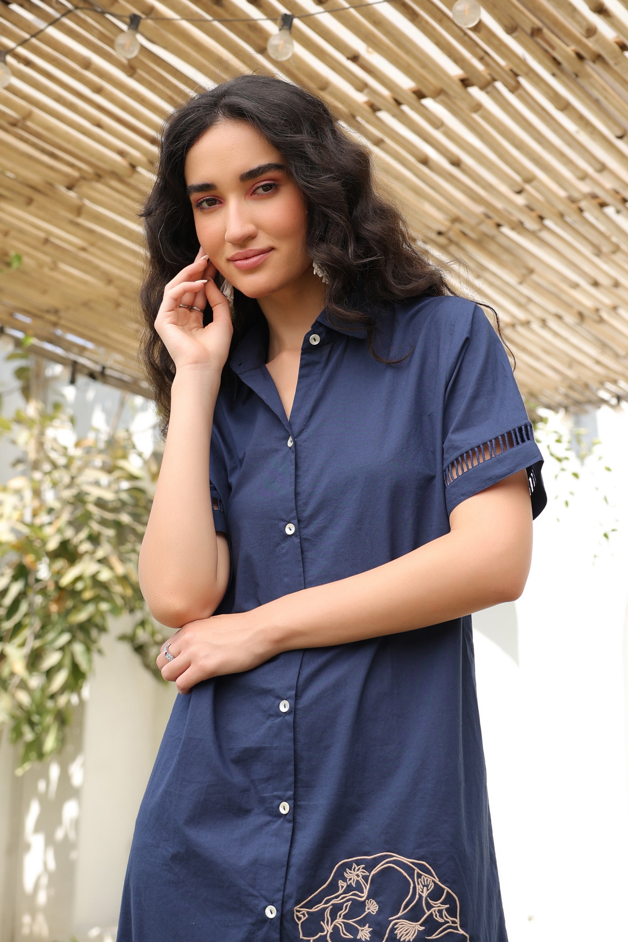 Navy Blue Safari Shirt Cotton Dress