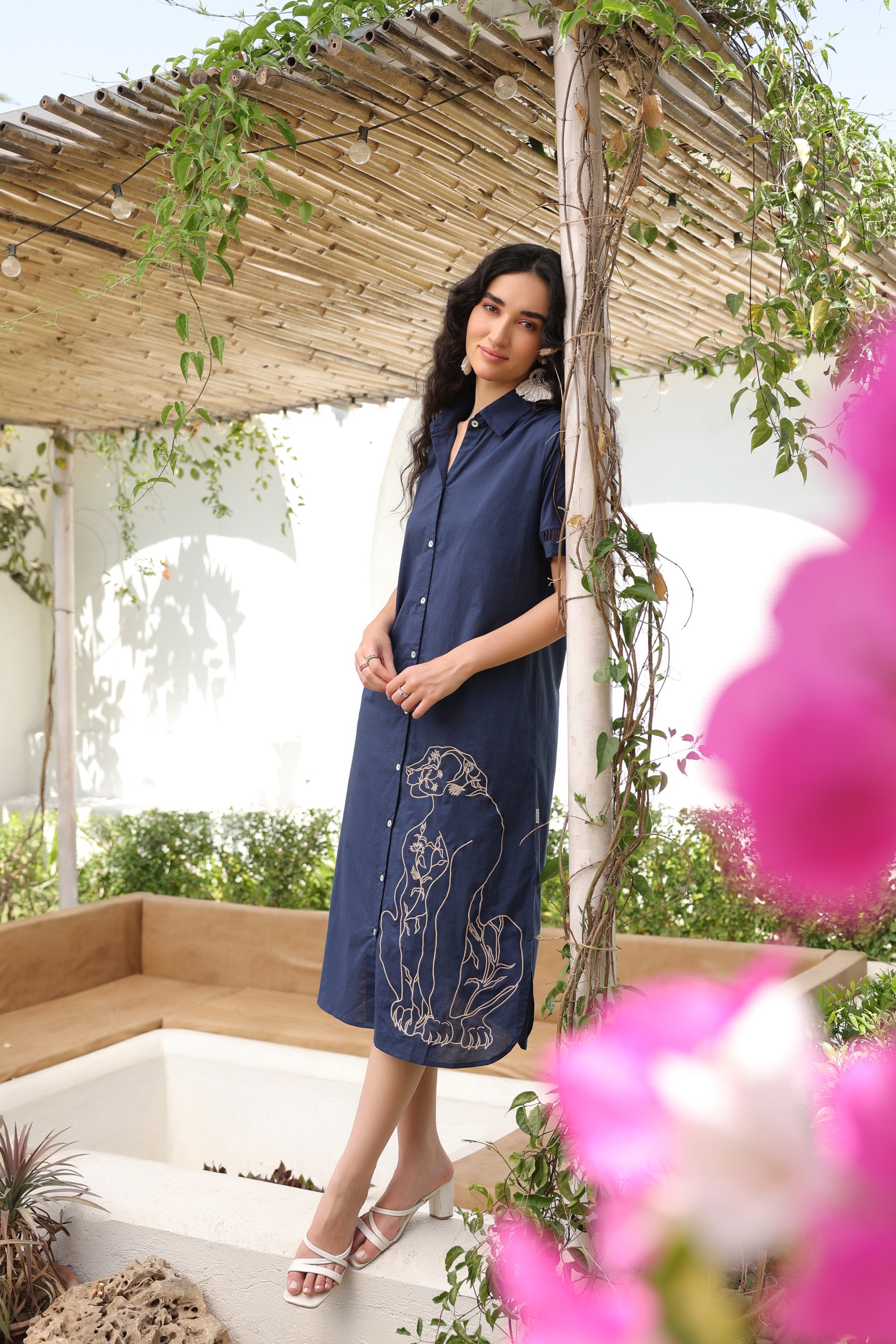 Navy Blue Safari Shirt Cotton Dress