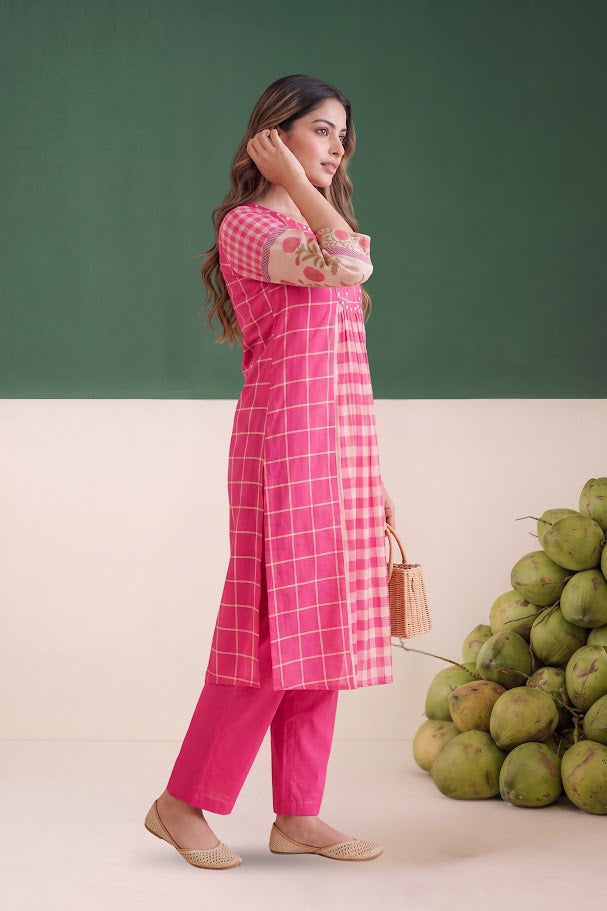 Fuchsia Pink Mul Cotton Printed Sleeve Co-ord Set