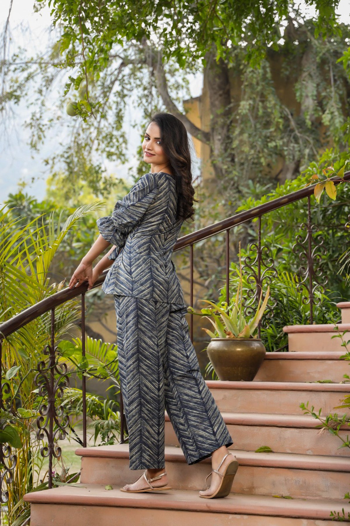 Patterned Shibori front knot on Blue Cotton Co-ord Set