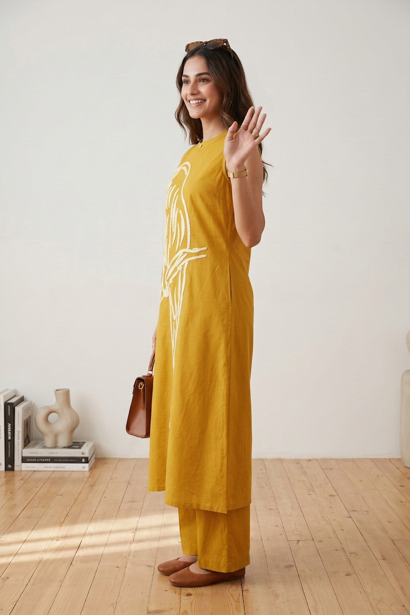 Mustard Bird Embroidered Sleeveless Cotton Co-ord Set