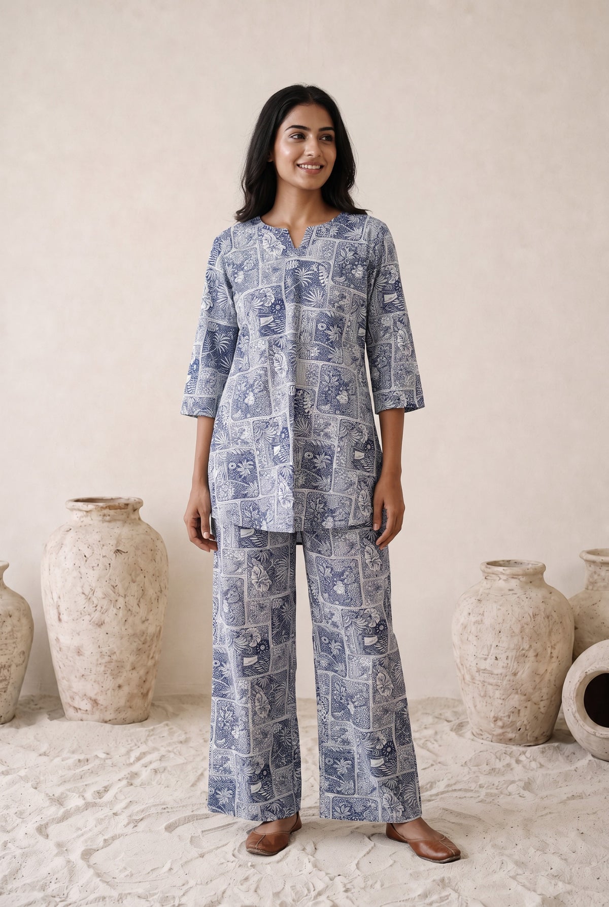 Indigo Patches on Cotton Palazzo Loungewear Set