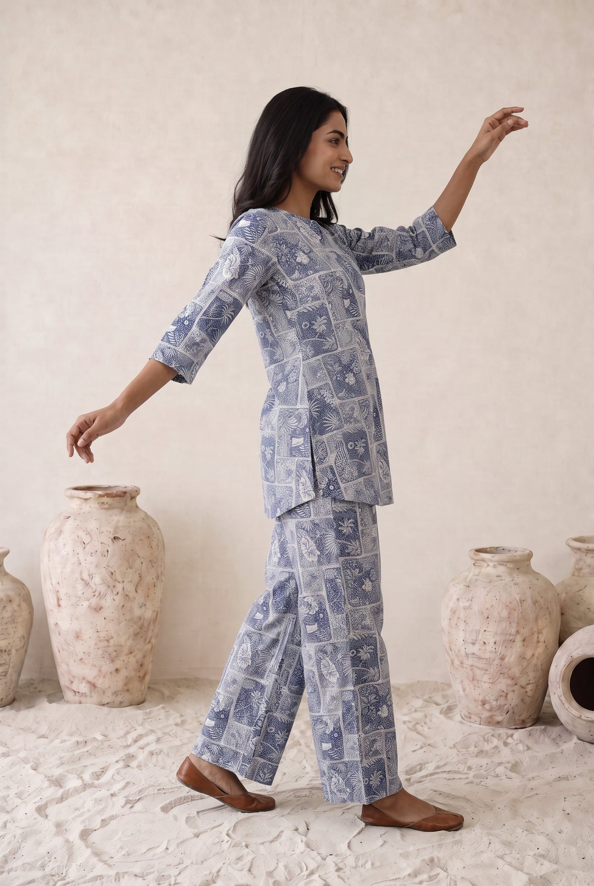 Indigo Patches on Cotton Palazzo Loungewear Set