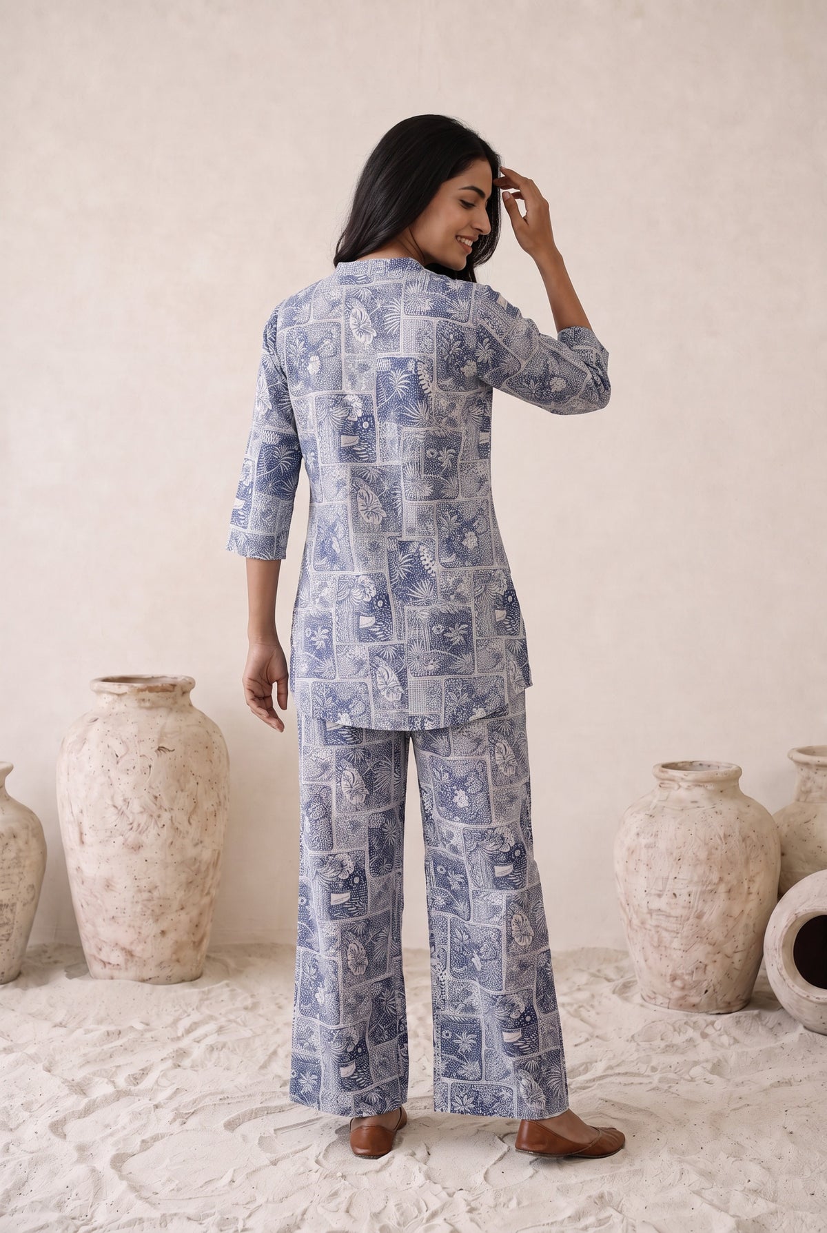 Indigo Patches on Cotton Palazzo Loungewear Set